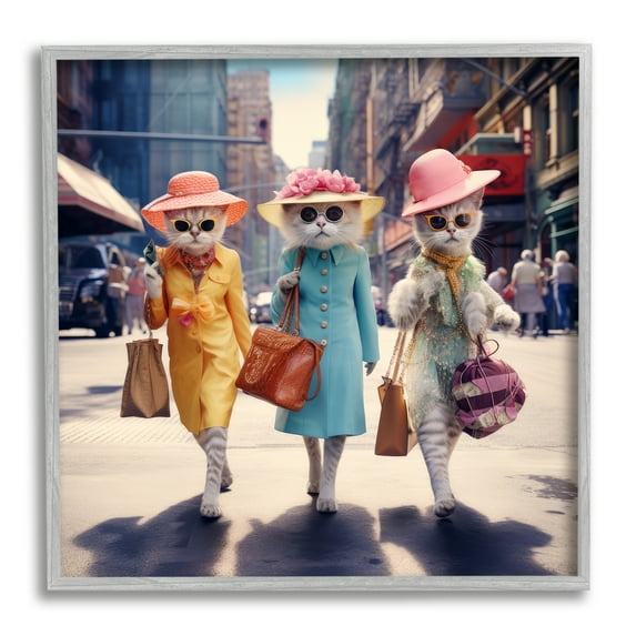 Stupell Industries Trendy Cat Trio Animals & Insects Painting Gray Framed Art Print Wall Art, 24 x 24