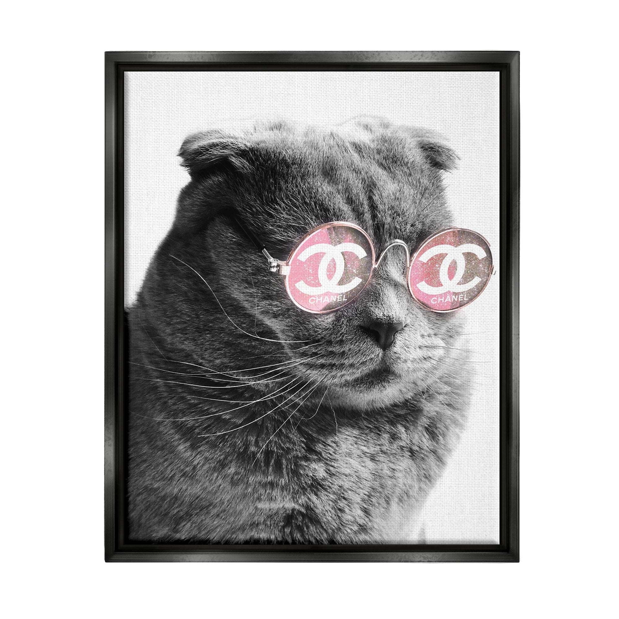 Stupell Industries Trendy Cat Wearing Glam Fashion Pink Sunglasses Graphic Art Jet Black Floating Framed Canvas Print Wall Art, Design by Ziwei Li