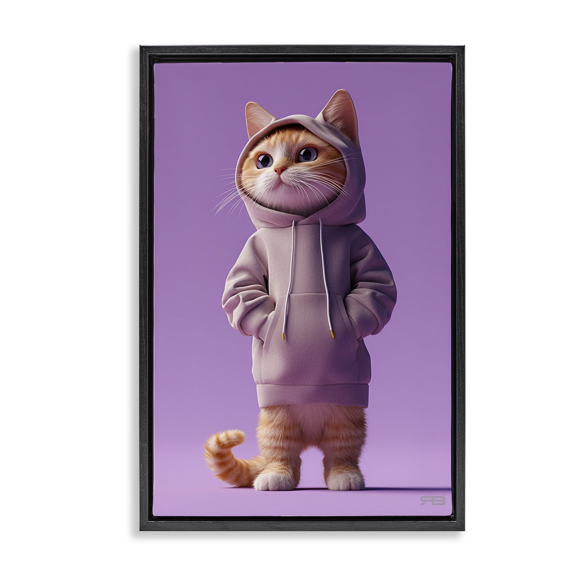 Stupell Industries Trendy Cat in Purple Animals & Insects Painting Black Floater Framed Canvas Art Print Wall Art, 17 x 25