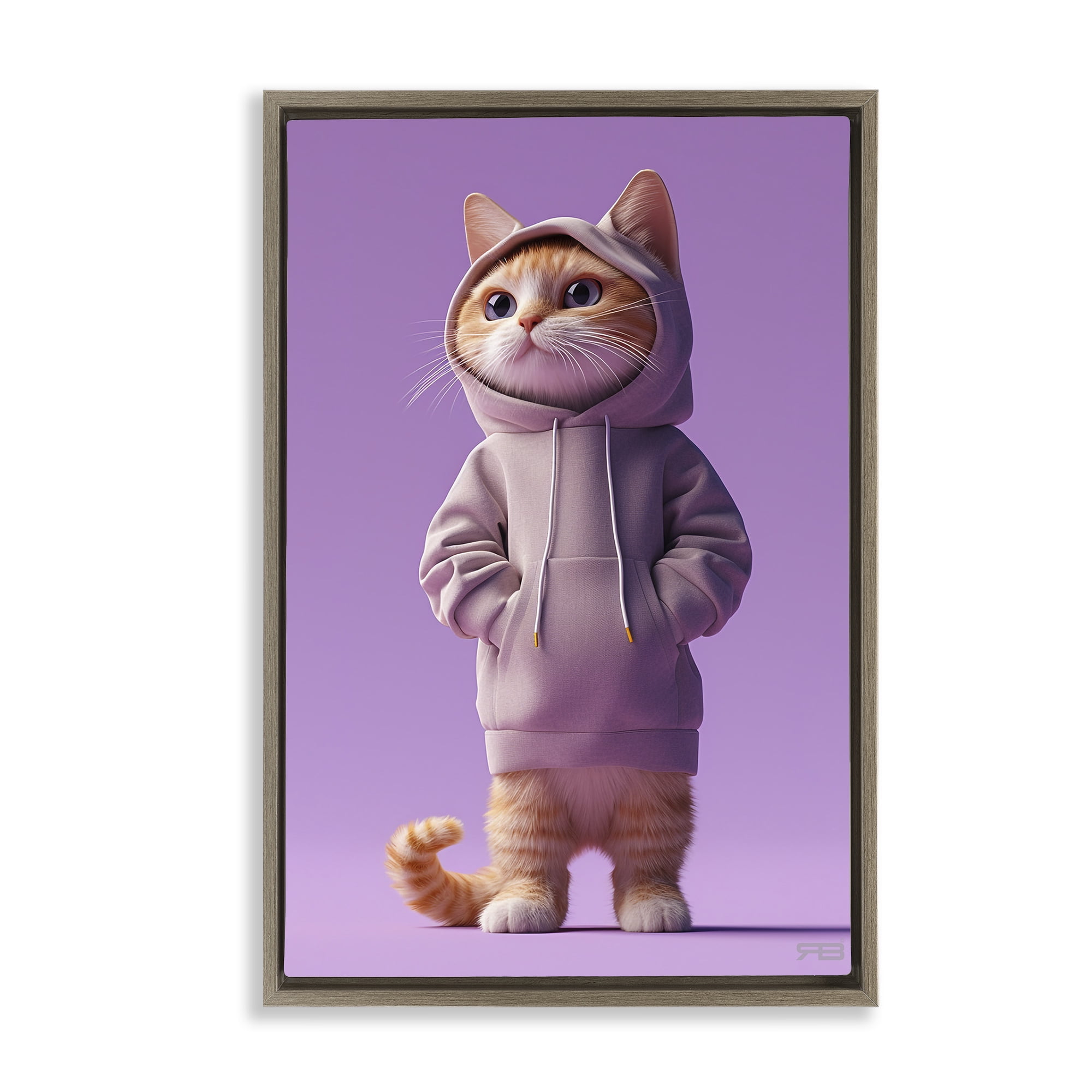 Stupell Industries Trendy Cat in Purple Animals & Insects Painting Brown Floater Framed Canvas Art Print Wall Art, 17 x 25