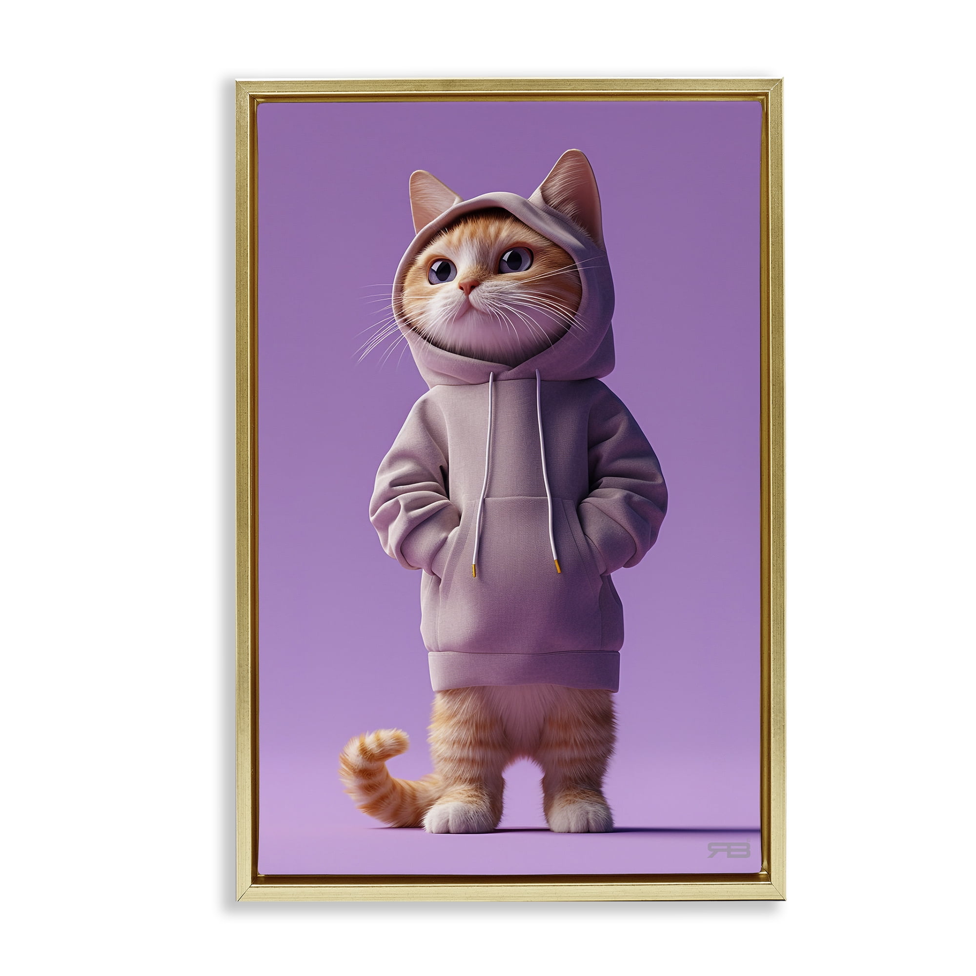 Stupell Industries Trendy Cat in Purple Animals & Insects Painting Gold Floater Framed Canvas Art Print Wall Art, 17 x 25