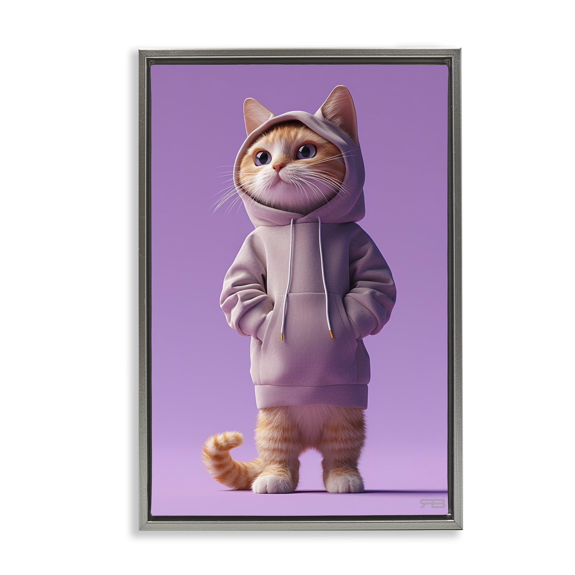 Stupell Industries Trendy Cat in Purple Animals & Insects Painting Gray Floater Framed Canvas Art Print Wall Art, 21 x 31