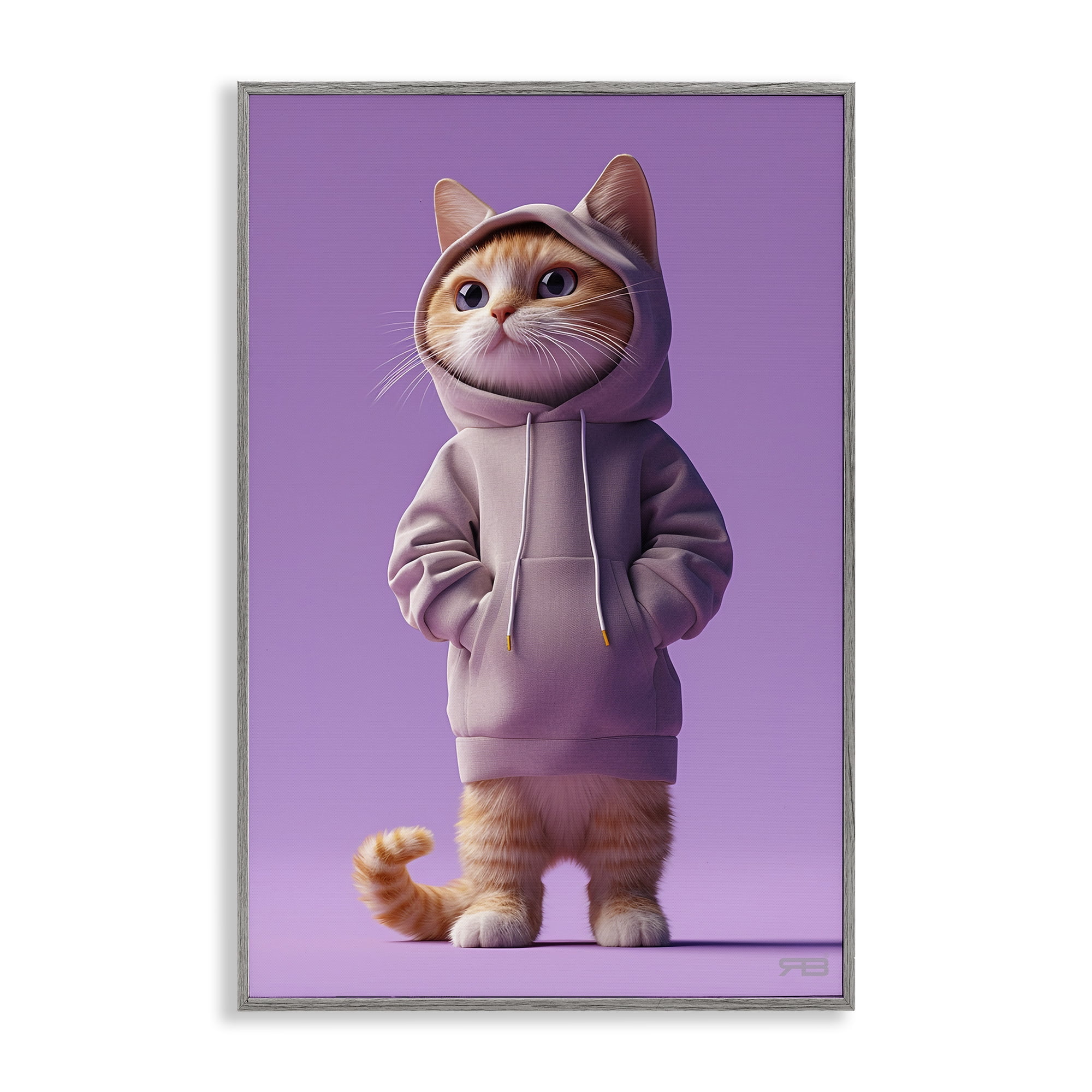 Stupell Industries Trendy Cat in Purple Animals & Insects Painting Gray Framed Art Print Wall Art, 20 x 30