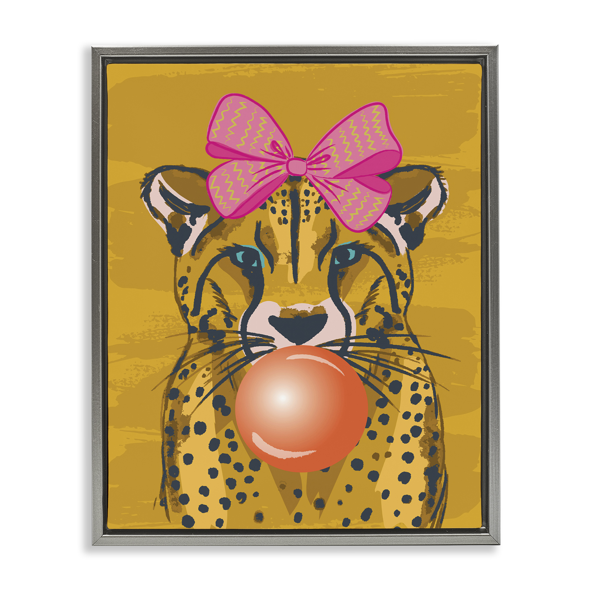 Stupell Industries Trendy Cheetah & Bow Animals Painting Gray Floater Framed Canvas Art Print Wall Art, 17 x 21