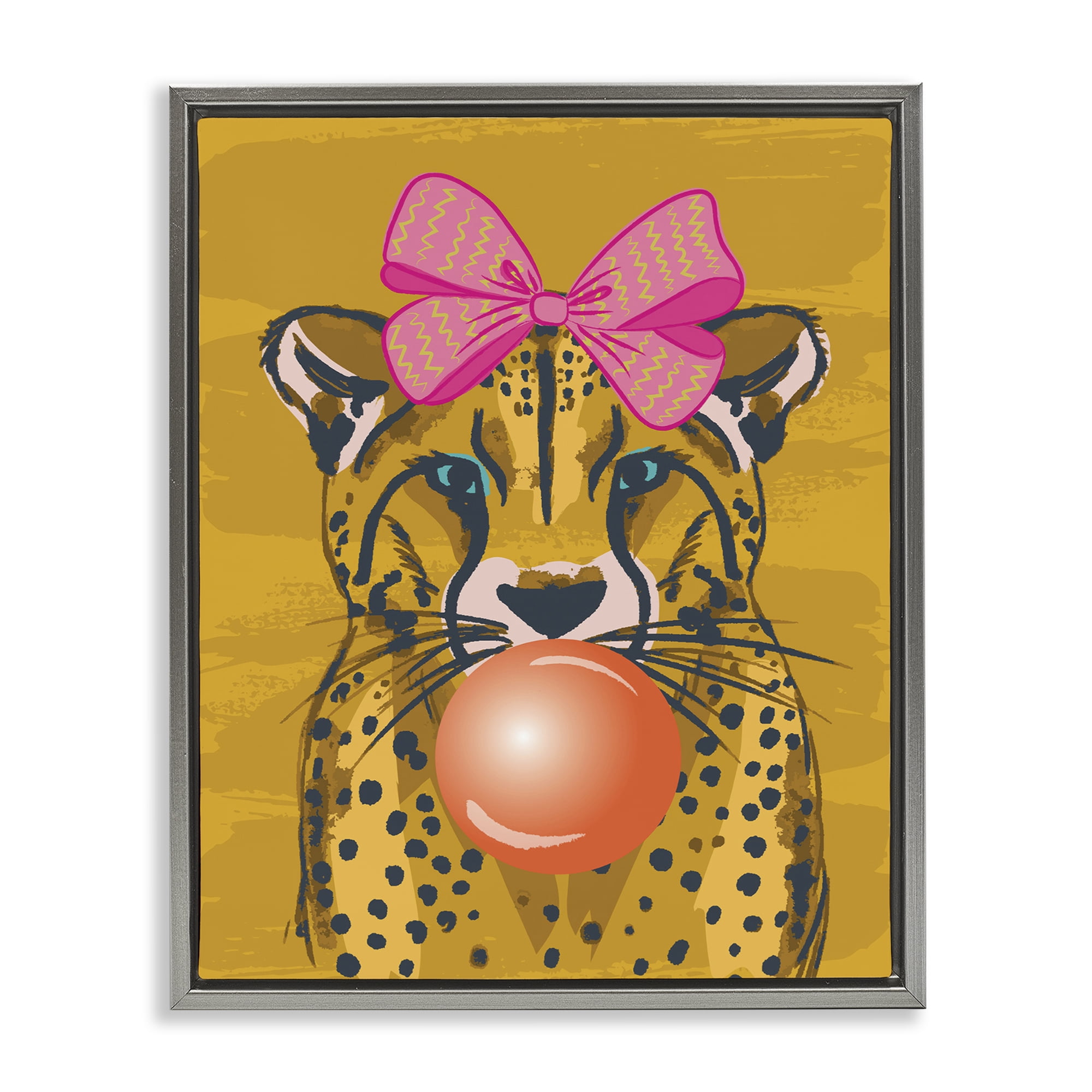 Stupell Industries Trendy Cheetah & Bow Animals Painting Gray Floater Framed Canvas Art Print Wall Art, 25 x 31