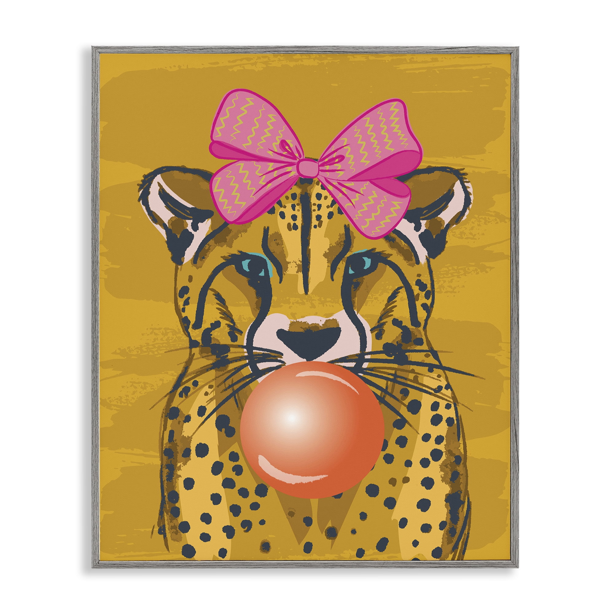 Stupell Industries Trendy Cheetah & Bow Animals Painting Gray Framed Art Print Wall Art, 16 x 20