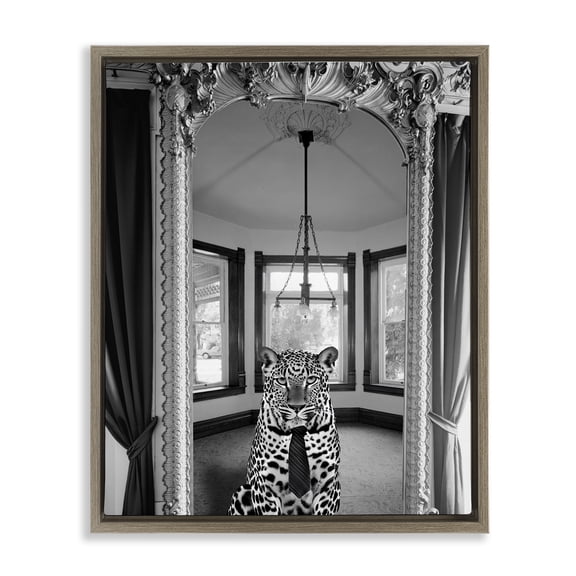 Stupell Industries Trendy Cheetah & Ornate Mirror Architecture Painting Brown Floater Framed Canvas Art Print Wall Art, 17 x 21