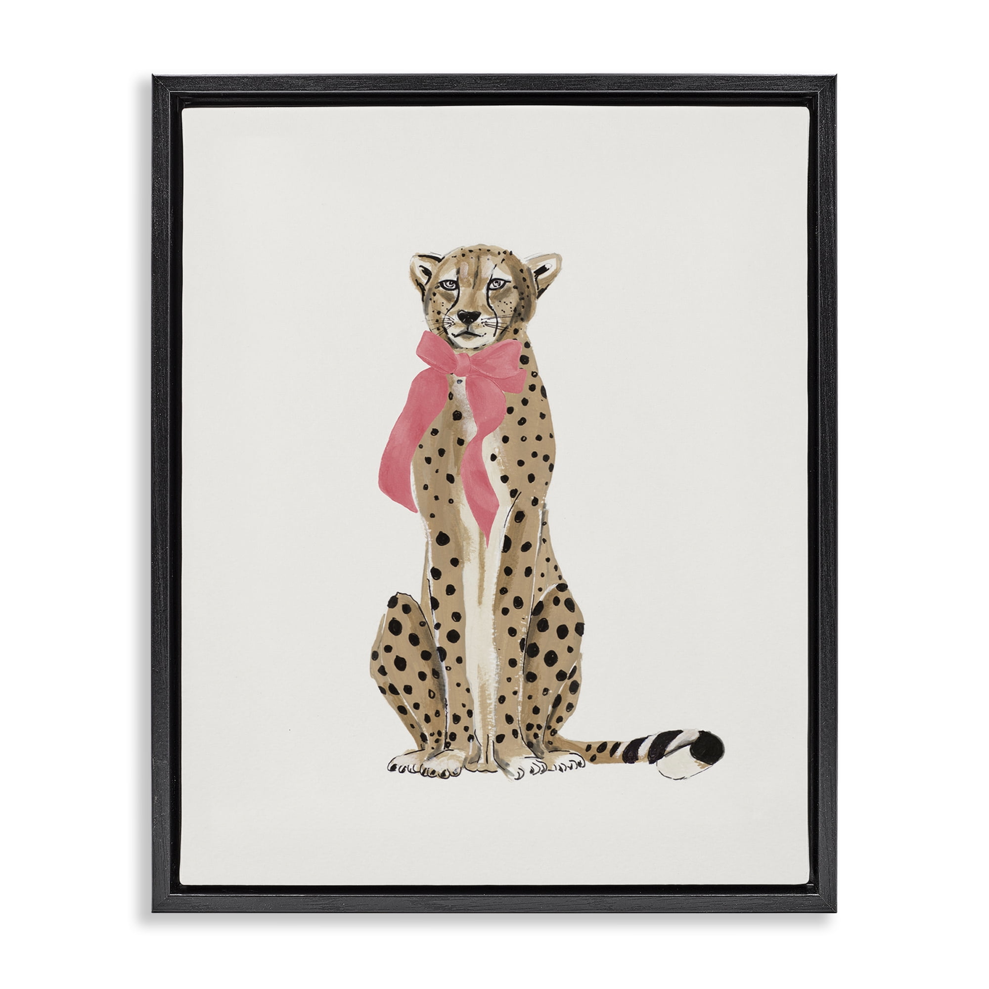 Stupell Industries Trendy Cheetah with Ribbon Animals Painting Black Floater Framed Canvas Art Print Wall Art, 25 x 31