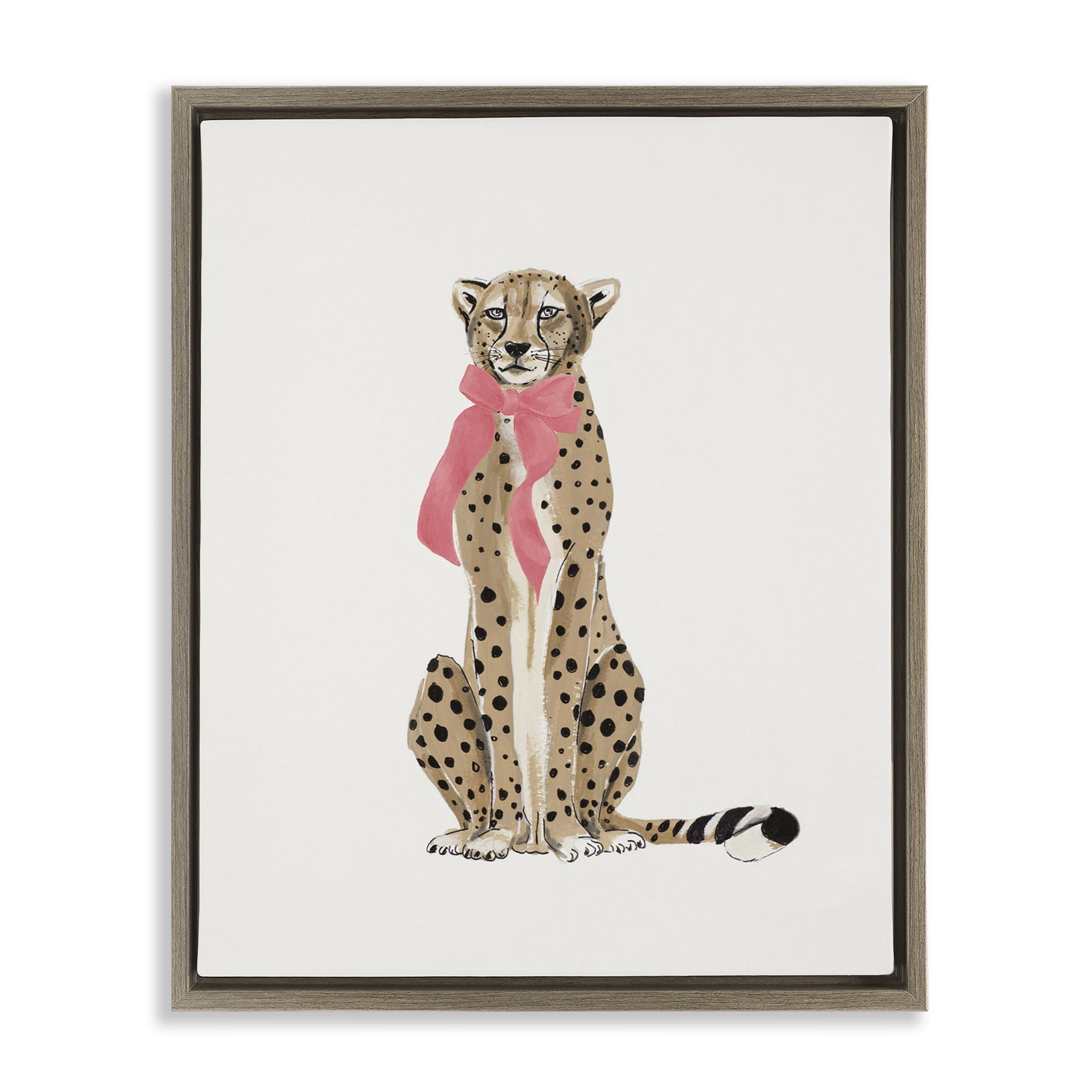 Stupell Industries Trendy Cheetah with Ribbon Animals Painting Brown Floater Framed Canvas Art Print Wall Art, 25 x 31