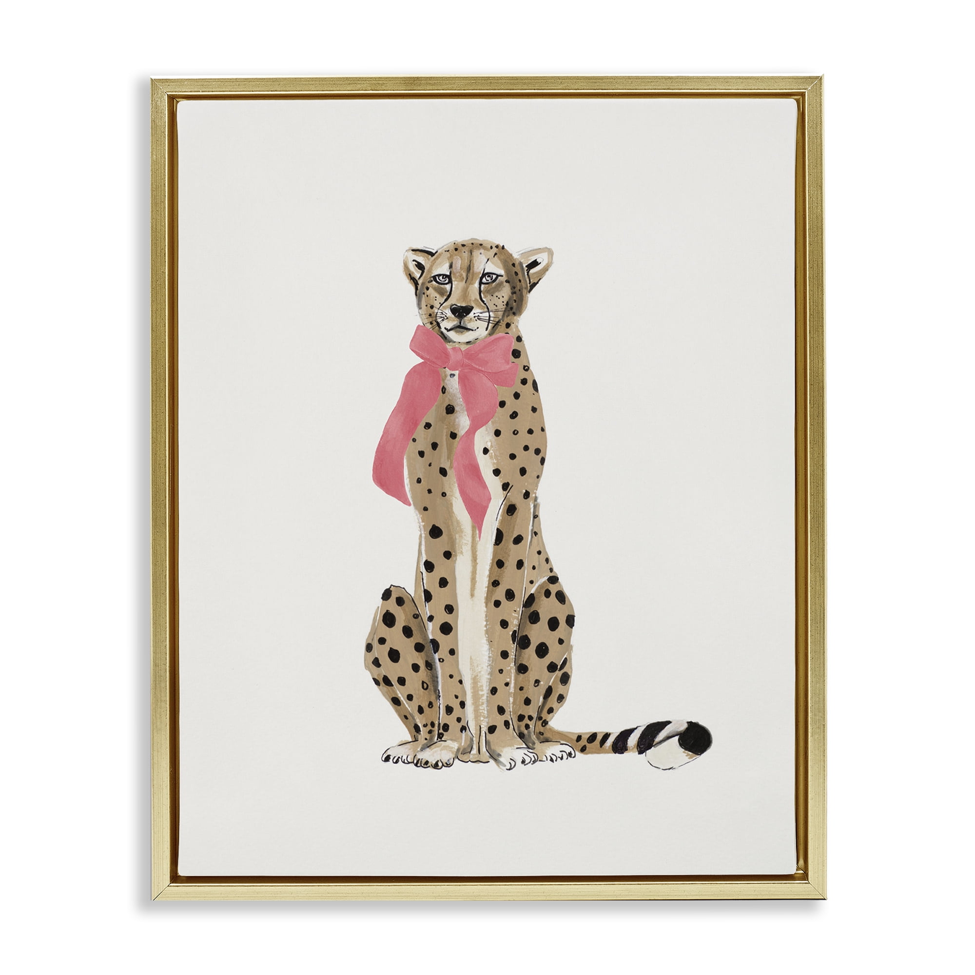 Stupell Industries Trendy Cheetah with Ribbon Animals Painting Gold Floater Framed Canvas Art Print Wall Art, 17 x 21