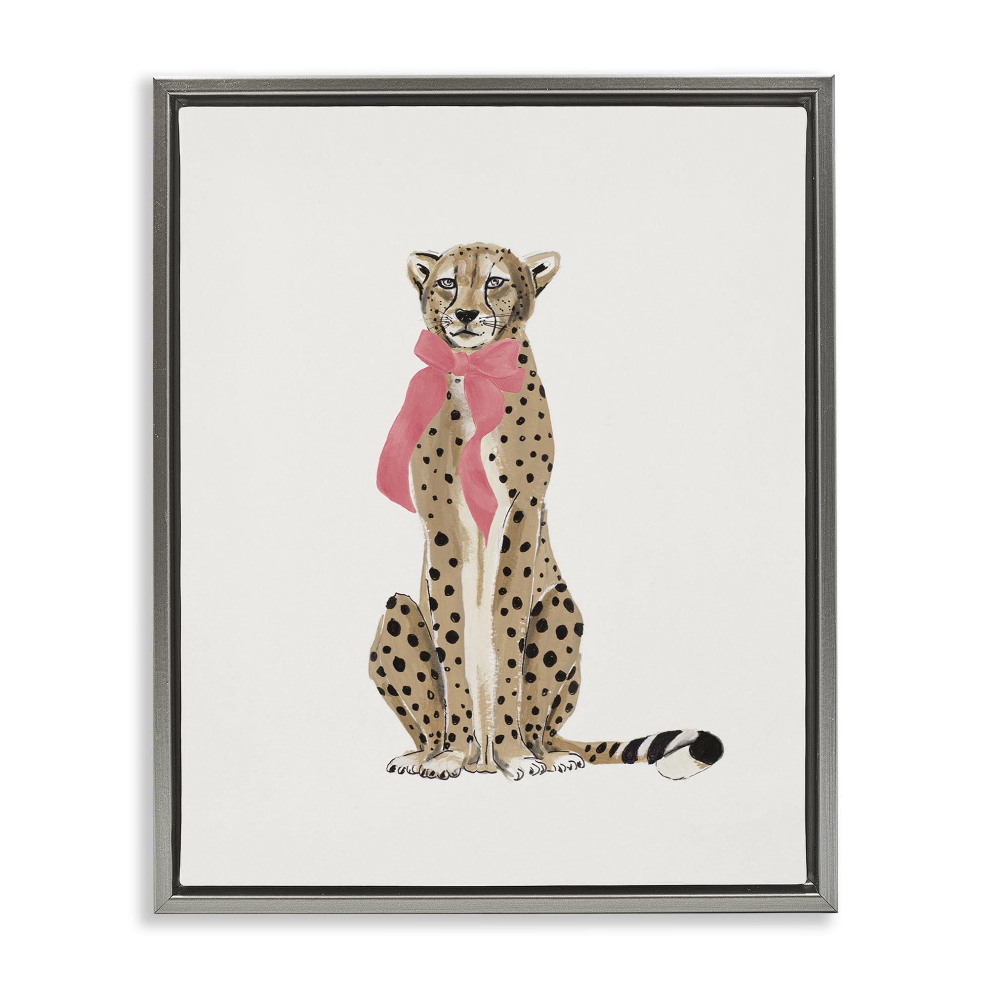 Stupell Industries Trendy Cheetah with Ribbon Animals Painting Gray Floater Framed Canvas Art Print Wall Art, 17 x 21
