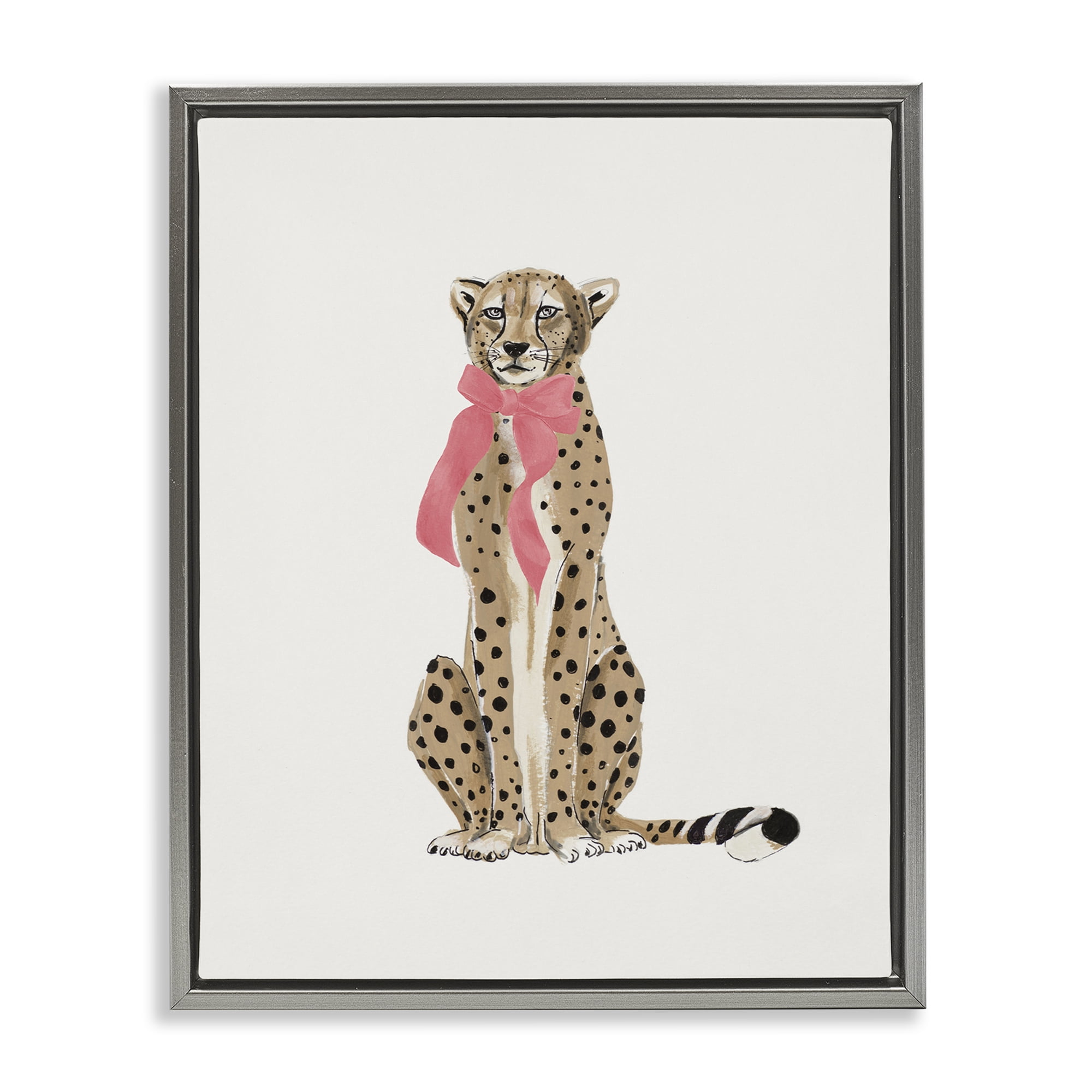 Stupell Industries Trendy Cheetah with Ribbon Animals Painting Gray Floater Framed Canvas Art Print Wall Art, 25 x 31