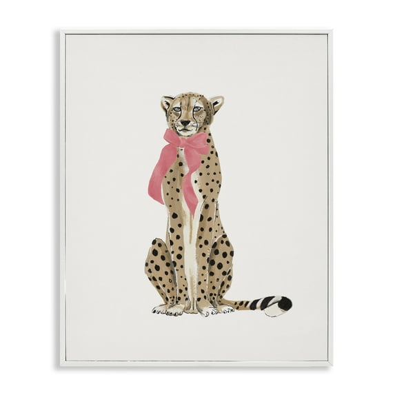 Stupell Industries Trendy Cheetah with Ribbon Animals Painting White Framed Art Print Wall Art, 11 x 14