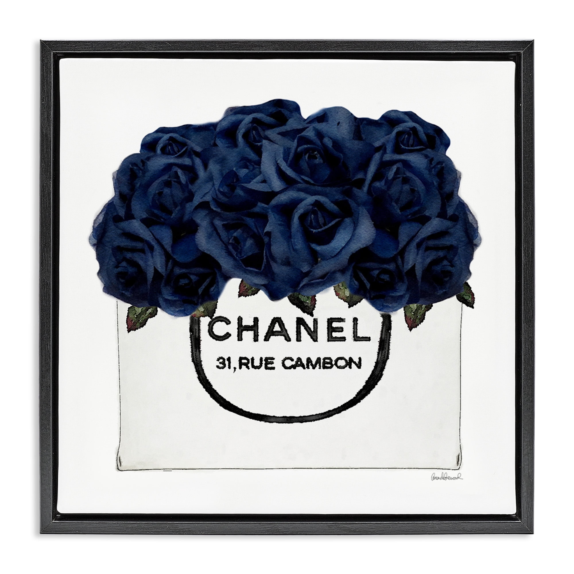 Stupell Industries Trendy Chic Navy Blue Roses Botanical & Floral Painting Black Floater Framed Canvas Art Print Wall Art, 25 x 25