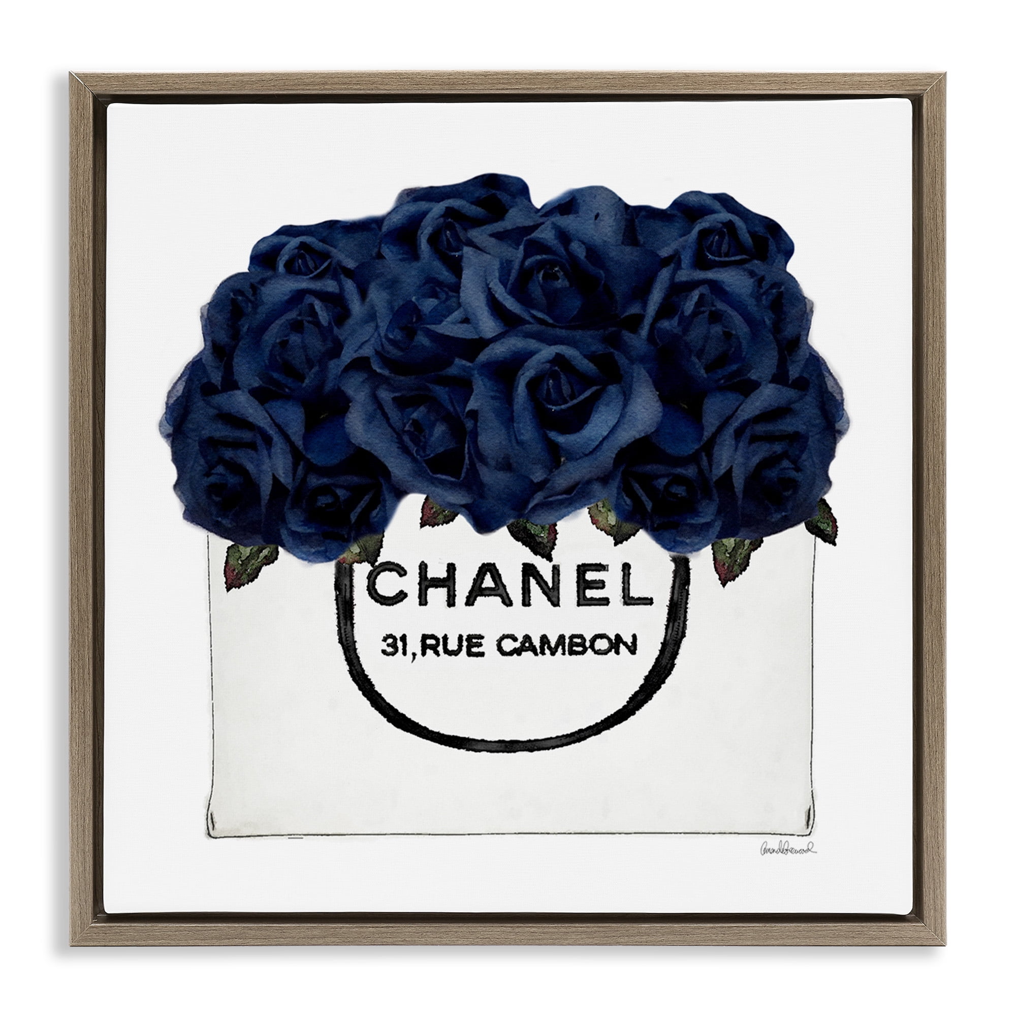 Stupell Industries Trendy Chic Navy Blue Roses Botanical & Floral Painting Brown Floater Framed Canvas Art Print Wall Art, 25 x 25