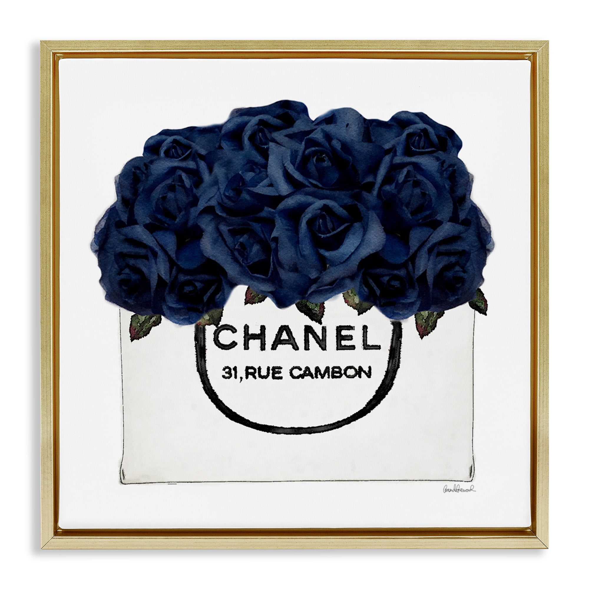 Stupell Industries Trendy Chic Navy Blue Roses Botanical & Floral Painting Gold Floater Framed Canvas Art Print Wall Art, 18 x 18