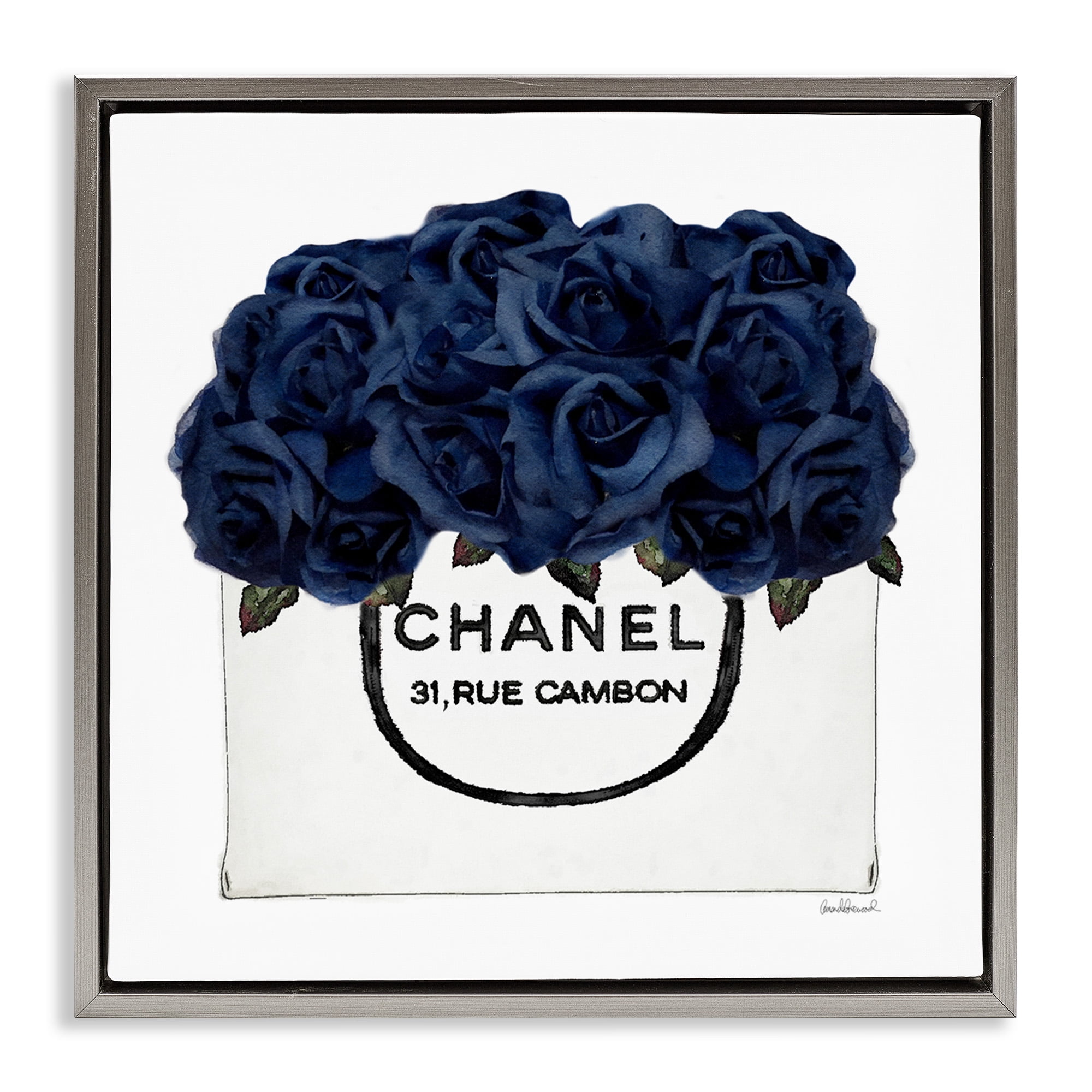 Stupell Industries Trendy Chic Navy Blue Roses Botanical & Floral Painting Gray Floater Framed Canvas Art Print Wall Art, 18 x 18