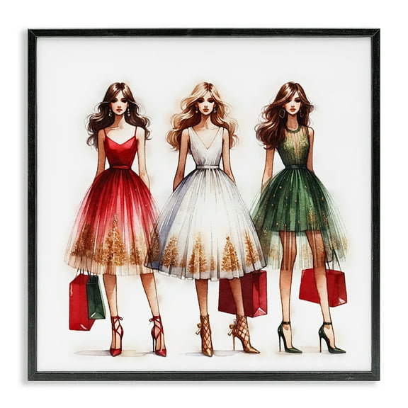 Stupell Industries Trendy Christmas Girls Holiday Painting Black Framed Art Prints Wall Art, 12 x 12