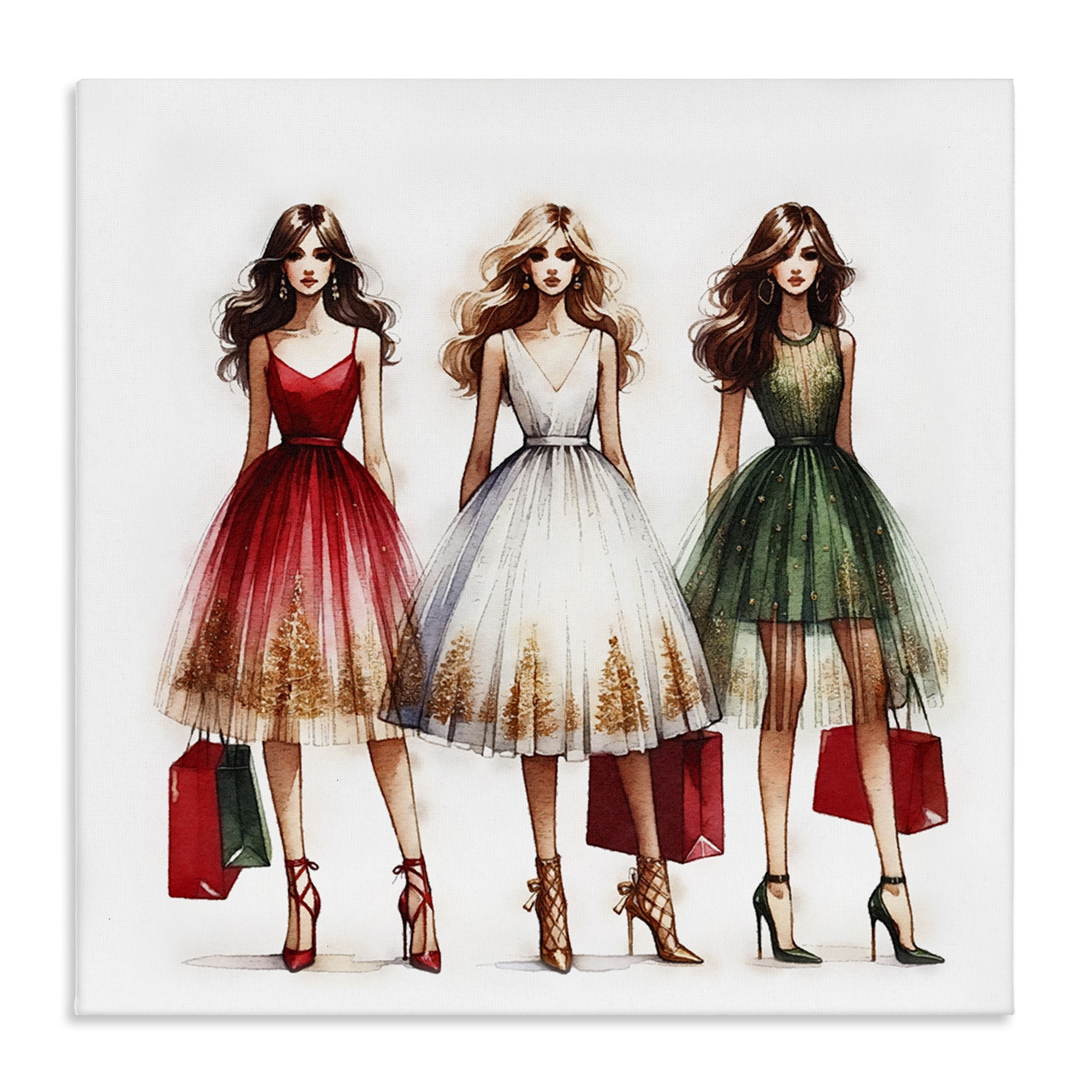 Stupell Industries Trendy Christmas Girls Holiday Painting Gallery Wrapped Canvas Art Prints Wall Art, 24 x 24