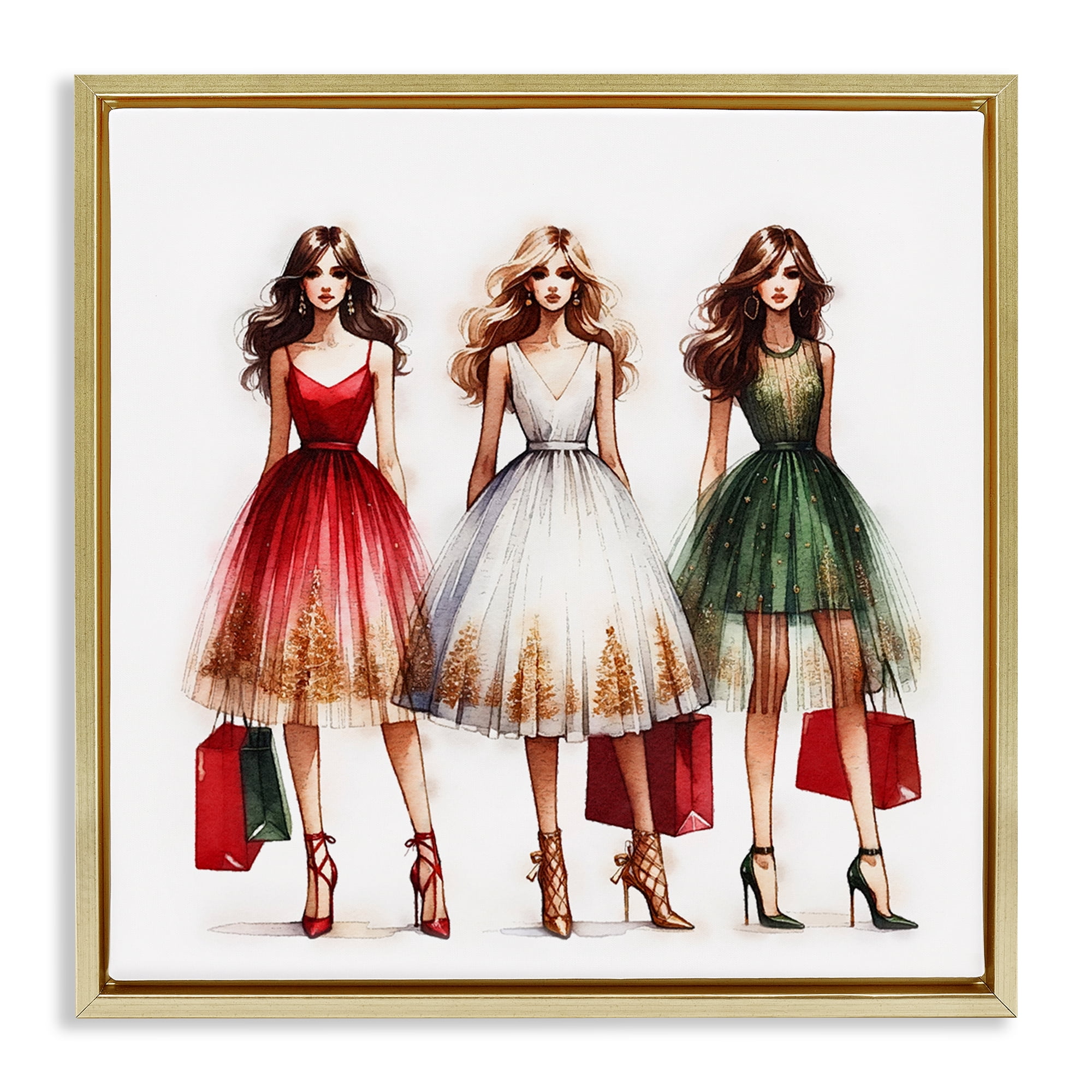 Stupell Industries Trendy Christmas Girls Holiday Painting Gold Floater Framed Canvas Art Prints Wall Art, 25 x 25