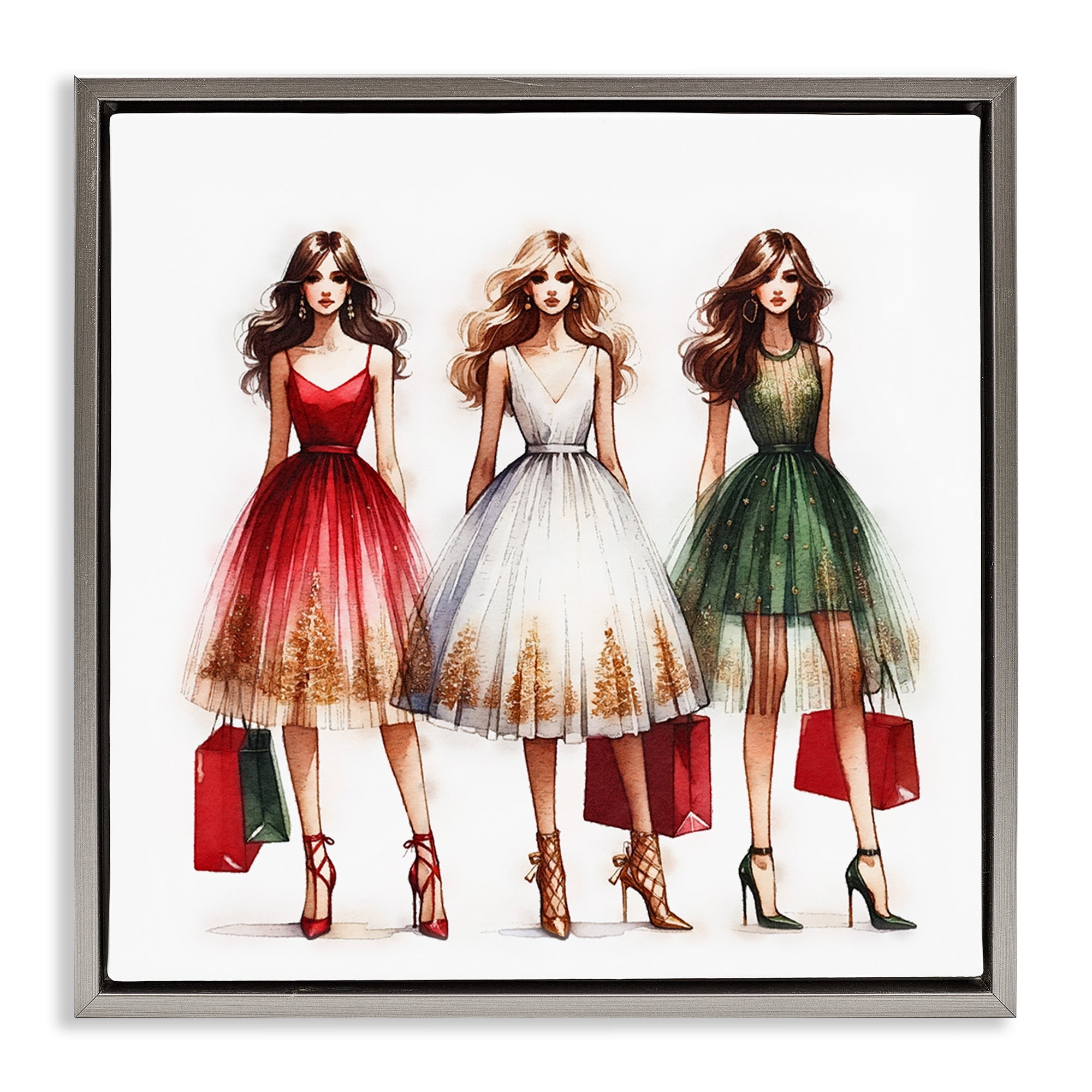 Stupell Industries Trendy Christmas Girls Holiday Painting Gray Floater Framed Canvas Art Prints Wall Art, 25 x 25