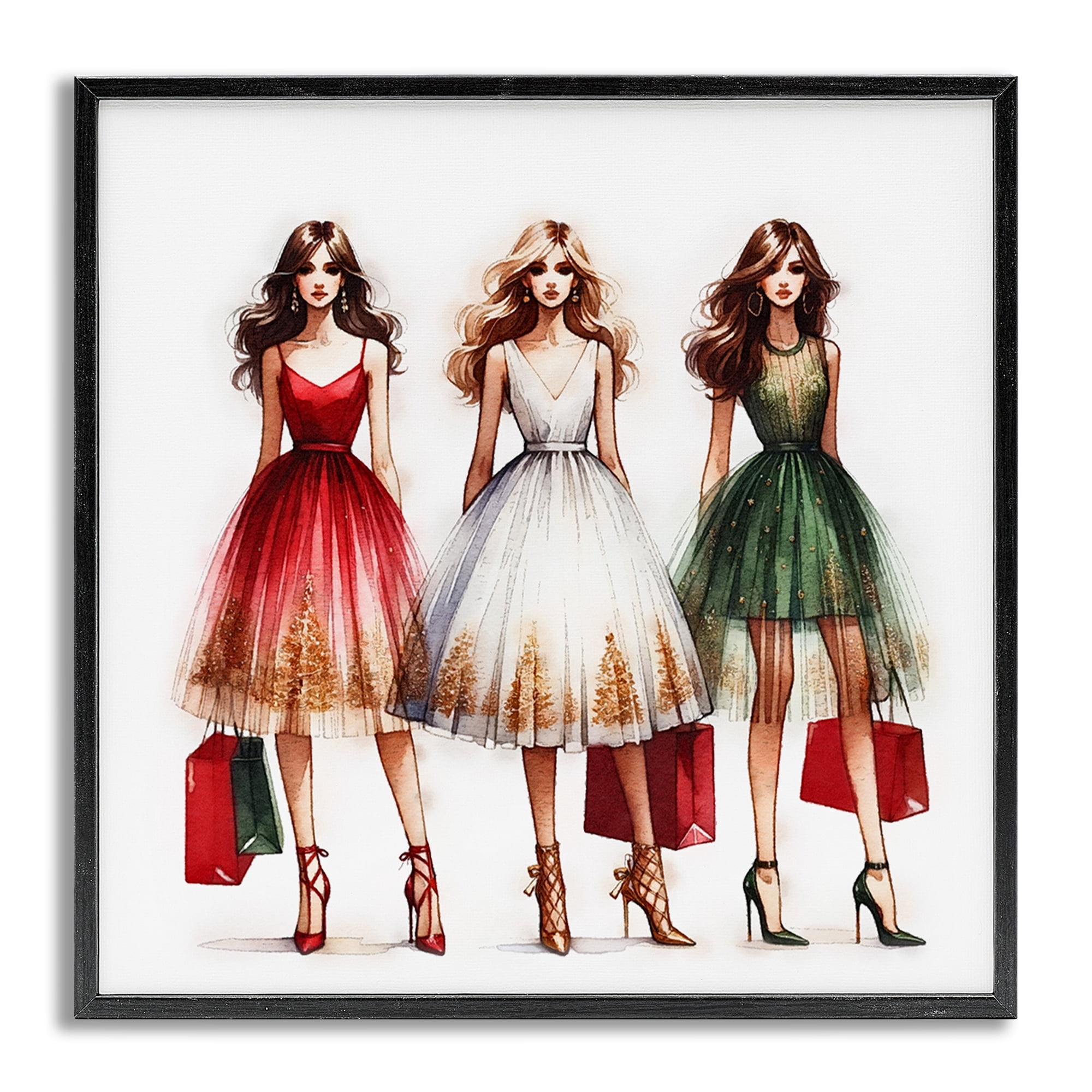 Stupell Industries Trendy Christmas Girls Holiday Painting Gray Framed Art Prints Wall Art, 24 x 24