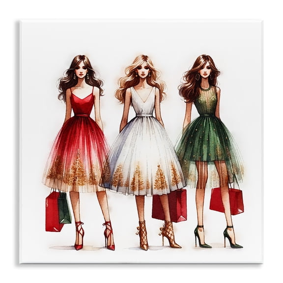 Stupell Industries Trendy Christmas Girls Holiday Painting Unframed Art Prints Wall Art, 12 x 12