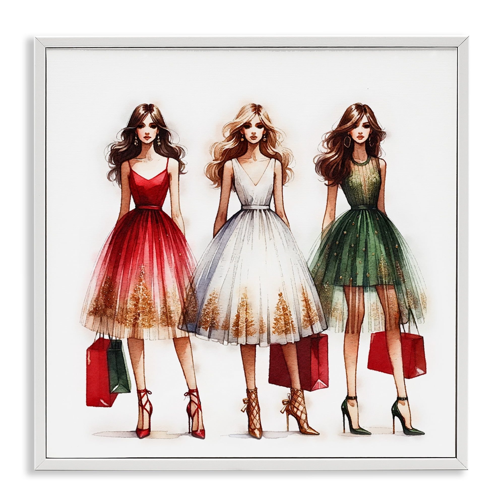 Stupell Industries Trendy Christmas Girls Holiday Painting White Framed Art Prints Wall Art, 24 x 24
