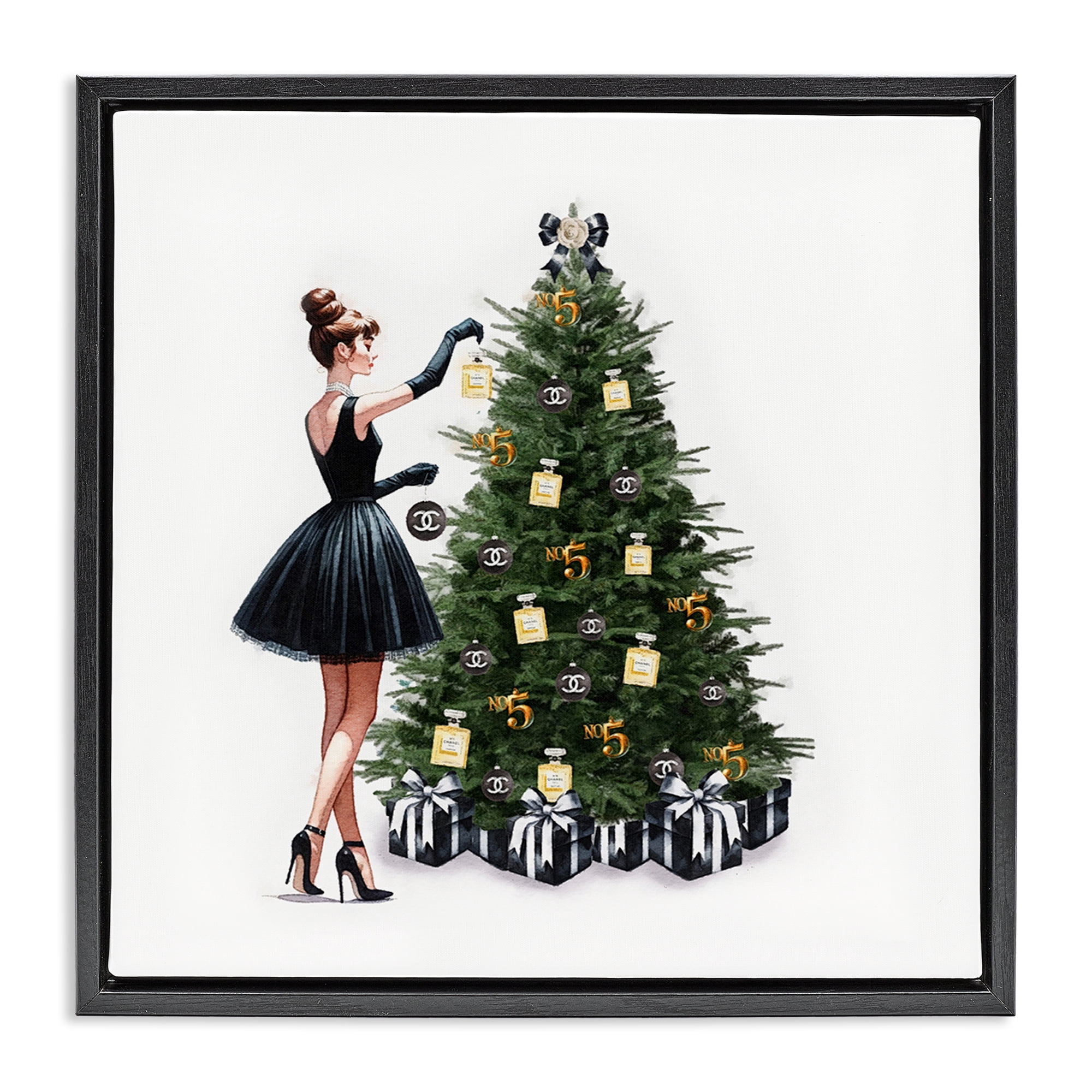 Stupell Industries Trendy Christmas Tree Holiday Painting Black Floater Framed Canvas Art Prints Wall Art, 25 x 25