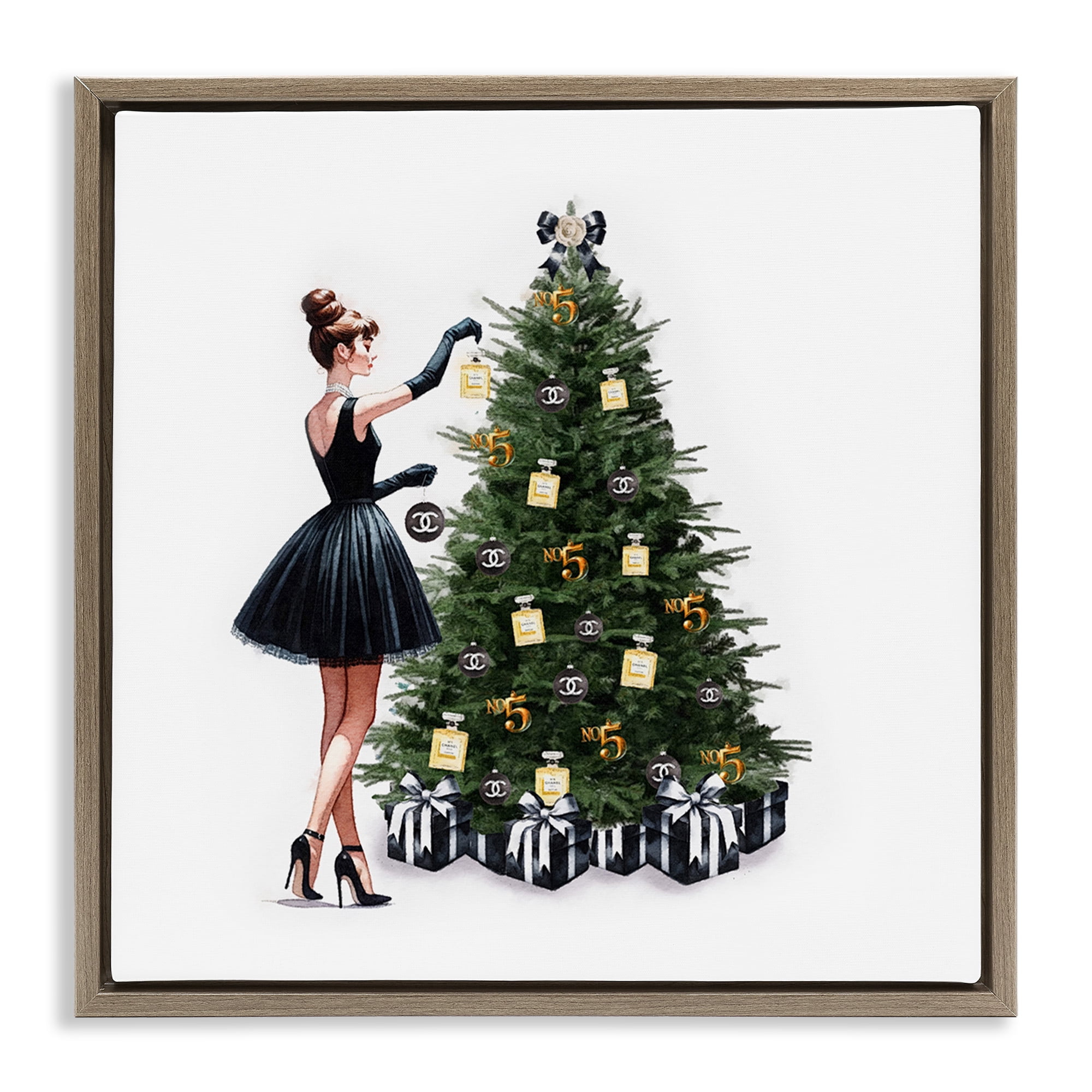 Stupell Industries Trendy Christmas Tree Holiday Painting Brown Floater Framed Canvas Art Prints Wall Art, 25 x 25