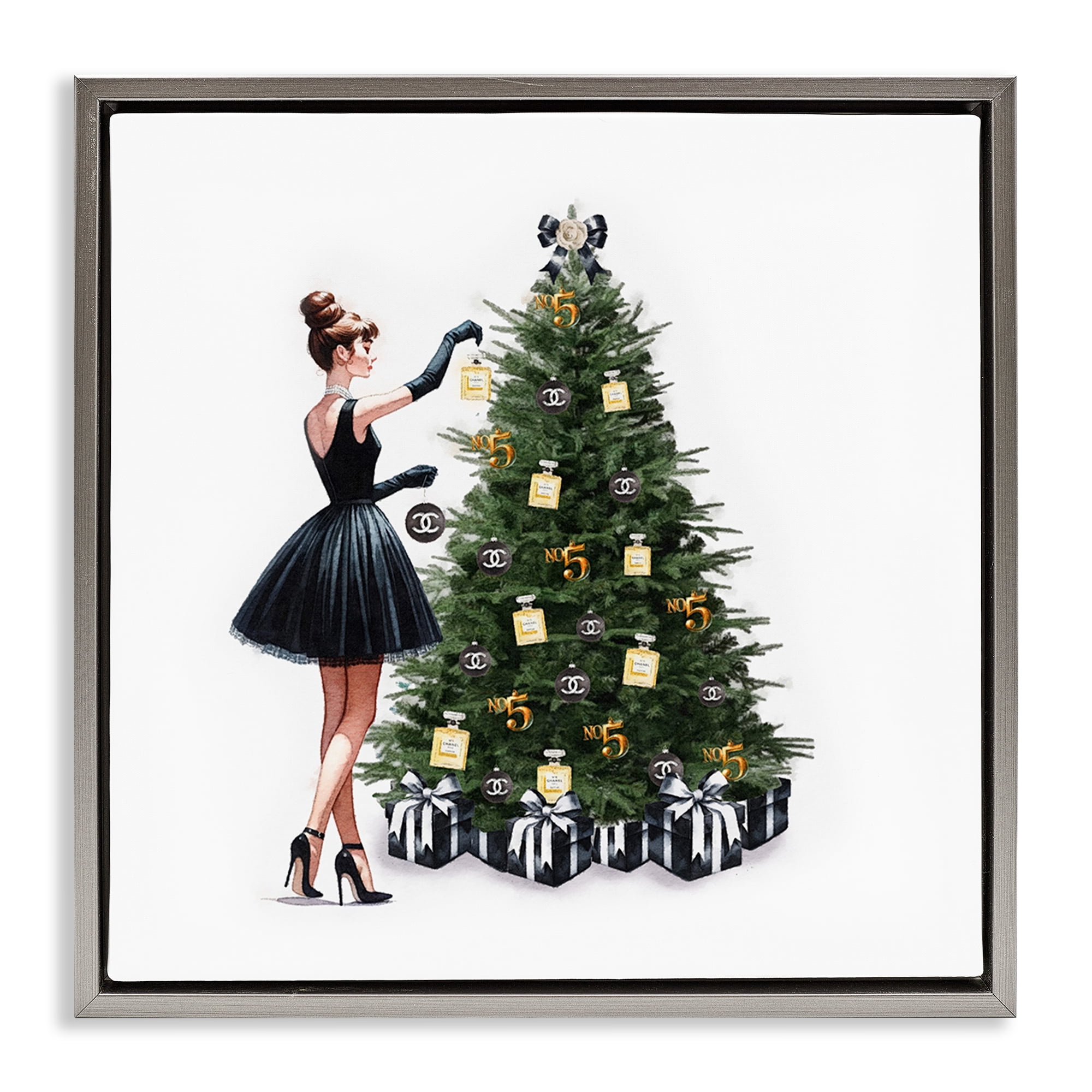 Stupell Industries Trendy Christmas Tree Holiday Painting Gray Floater Framed Canvas Art Prints Wall Art, 18 x 18