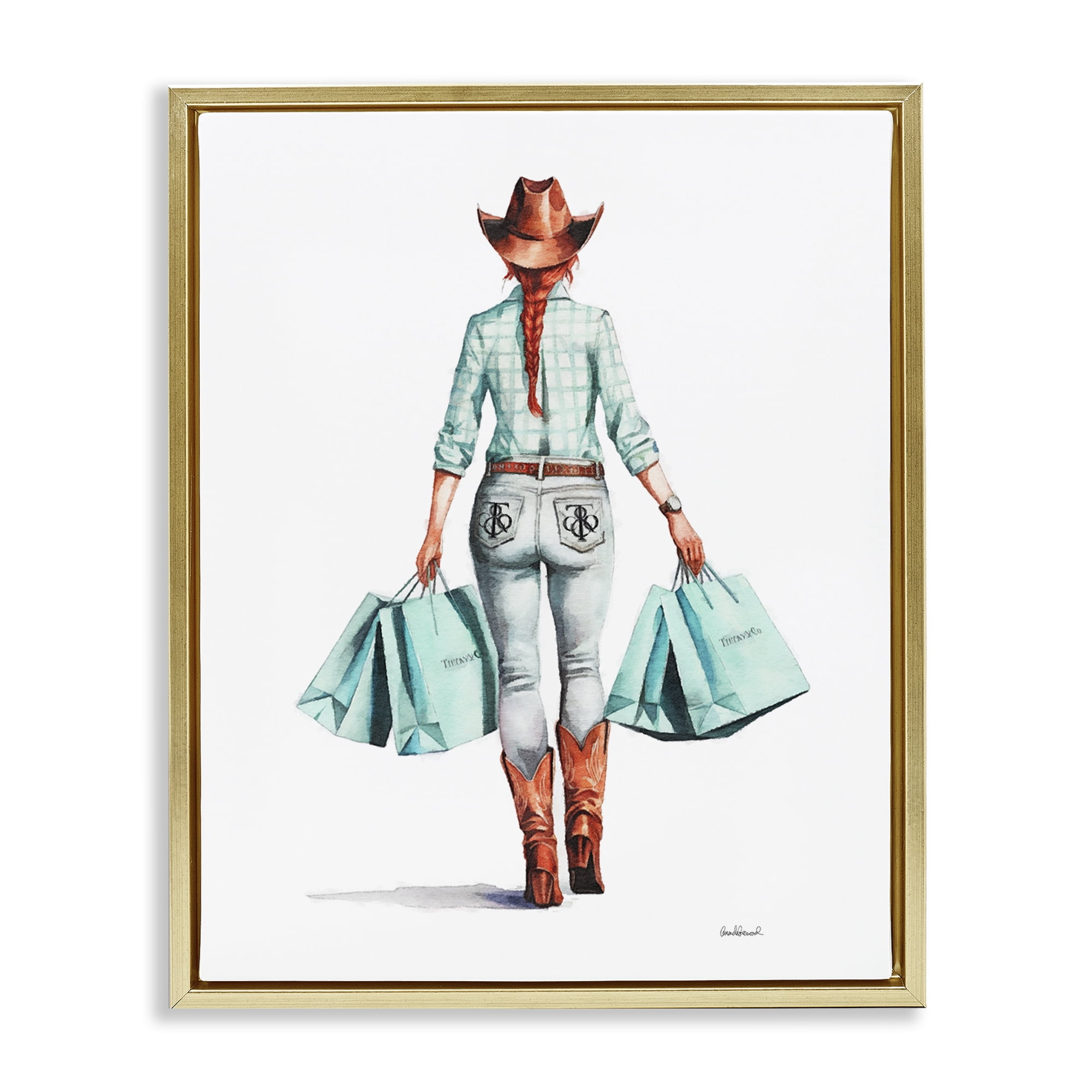 Stupell Industries Trendy Country Cowgirl People Painting Gold Floater Framed Canvas Art Print Wall Art, 17 x 21