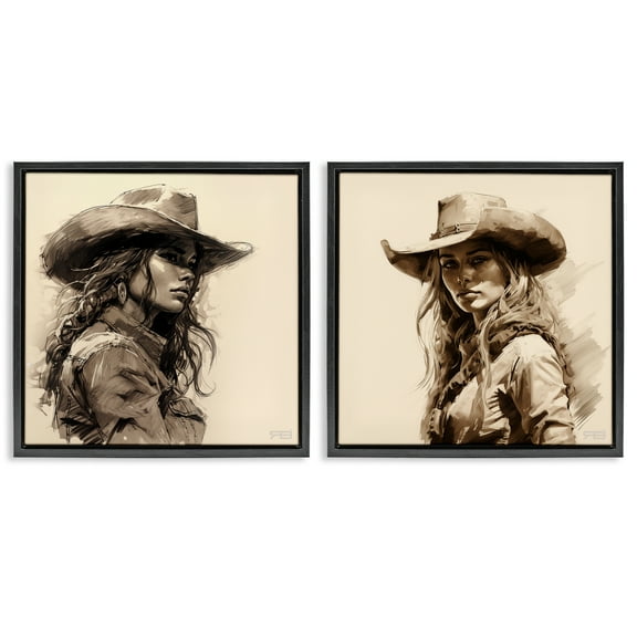 Stupell Industries Trendy Cowgirl Beauties People Painting Black Floater Framed Canvas Art Print Wall Art, 18 x 18, Set of 2
