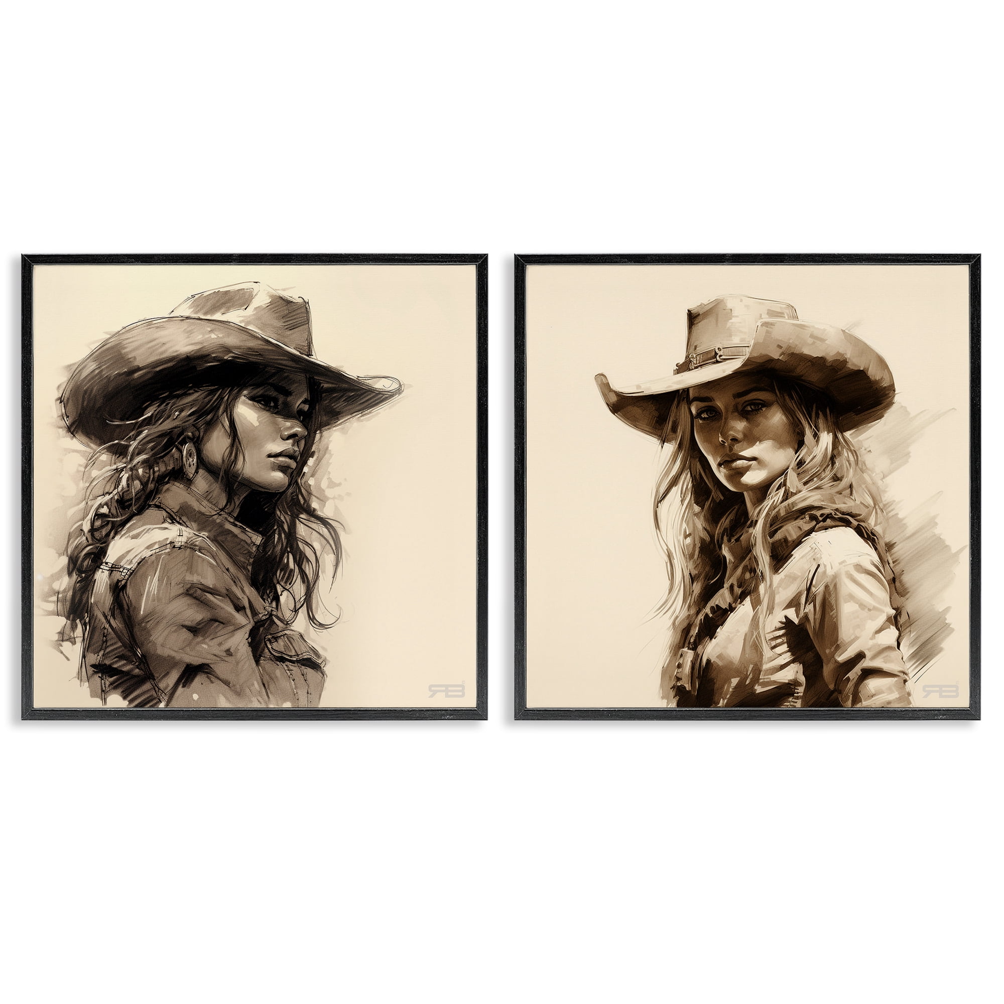 Stupell Industries Trendy Cowgirl Beauties People Painting Black Framed Art Print Wall Art, 17 x 17, Set of 2