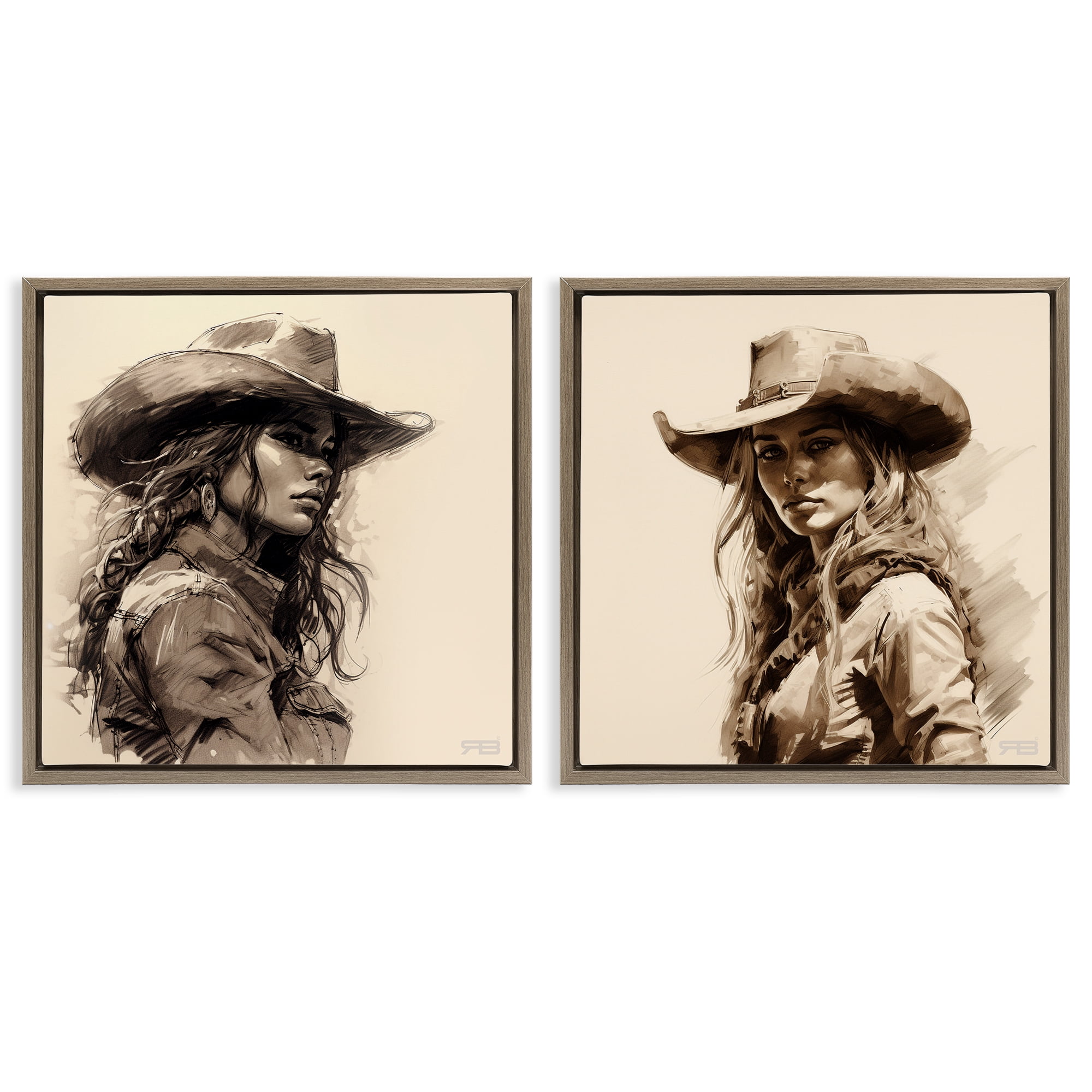Stupell Industries Trendy Cowgirl Beauties People Painting Brown Floater Framed Canvas Art Print Wall Art, 25 x 25, Set of 2