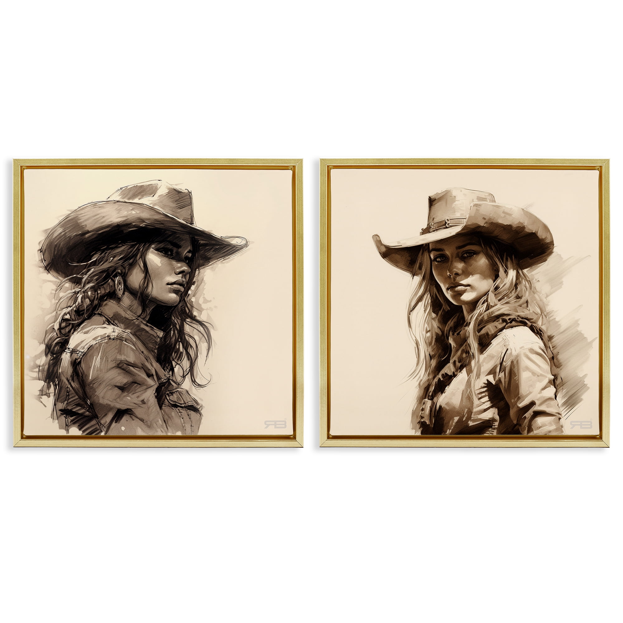 Stupell Industries Trendy Cowgirl Beauties People Painting Gold Floater Framed Canvas Art Print Wall Art, 25 x 25, Set of 2