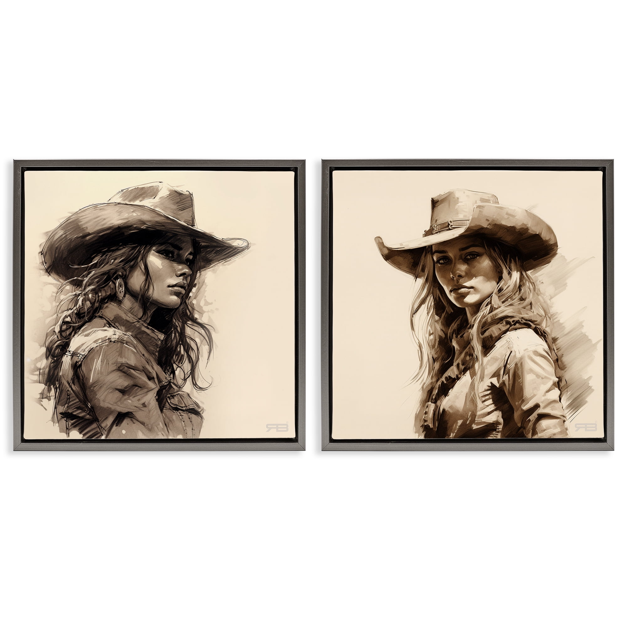 Stupell Industries Trendy Cowgirl Beauties People Painting Gray Floater Framed Canvas Art Print Wall Art, 25 x 25, Set of 2