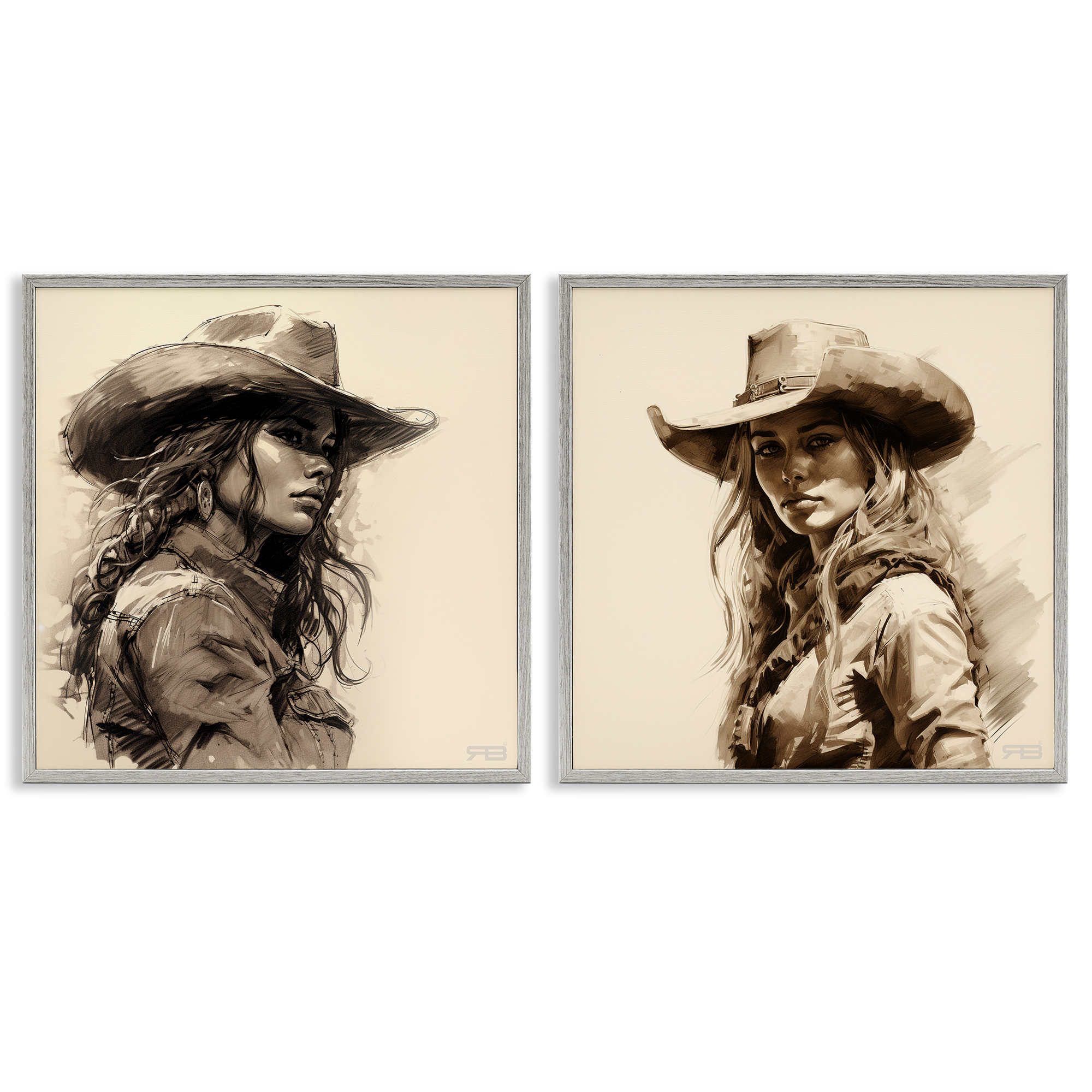 Stupell Industries Trendy Cowgirl Beauties People Painting Gray Framed Art Print Wall Art, 12 x 12, Set of 2