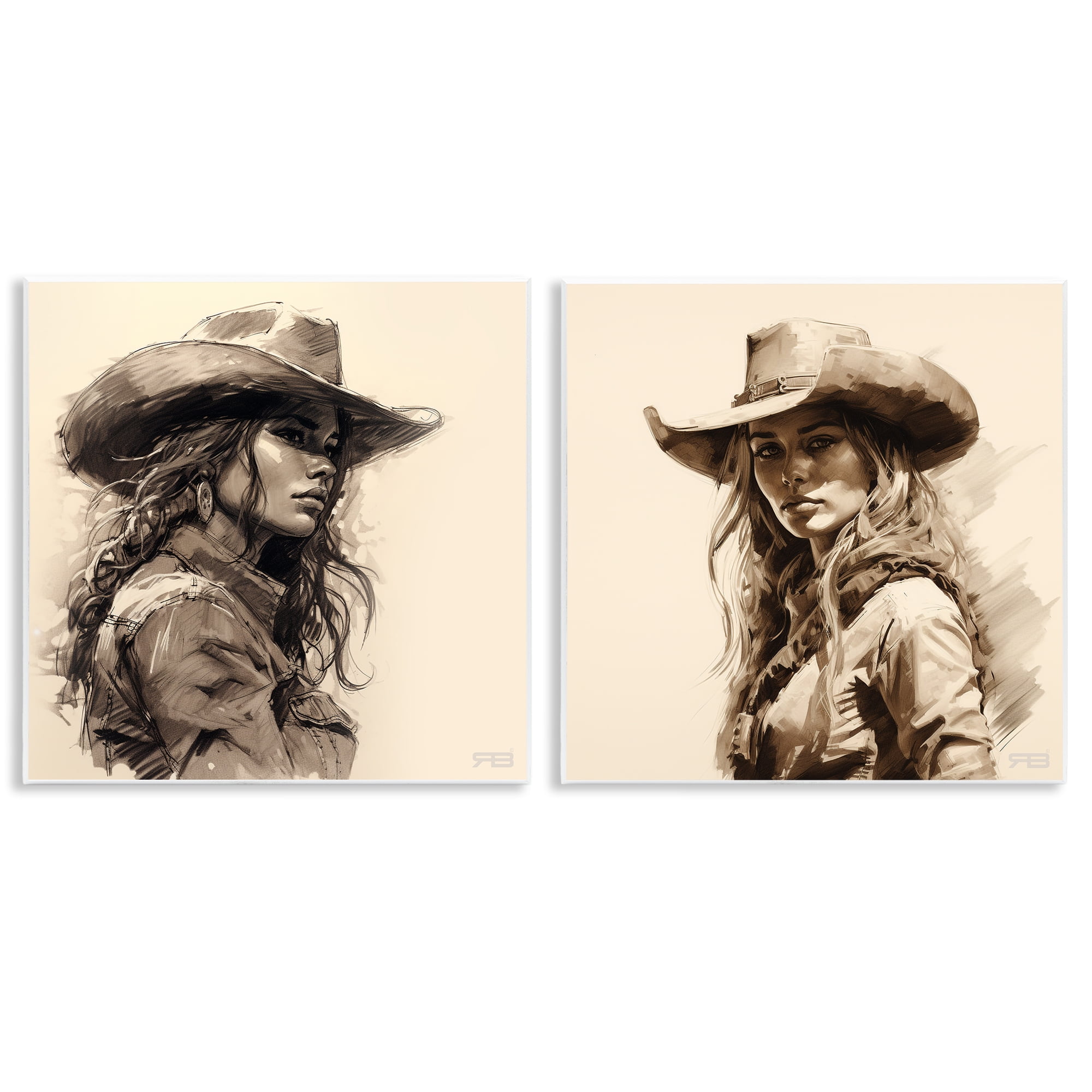 Stupell Industries Trendy Cowgirl Beauties People Painting Unframed Art Print Wall Art, 12 x 12, Set of 2