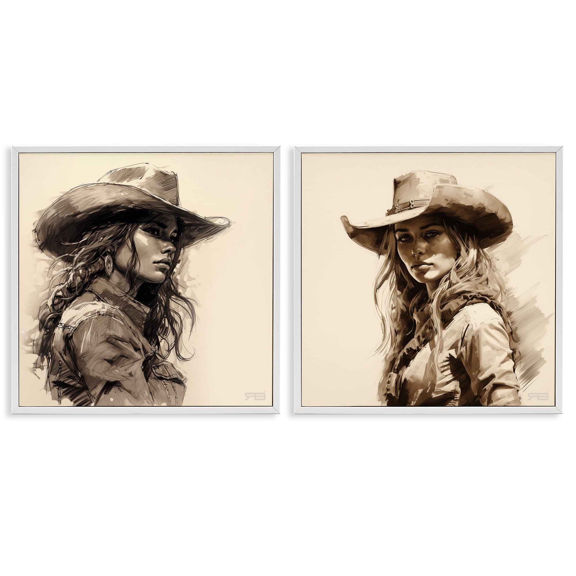 Stupell Industries Trendy Cowgirl Beauties People Painting White Framed Art Print Wall Art, 24 x 24, Set of 2