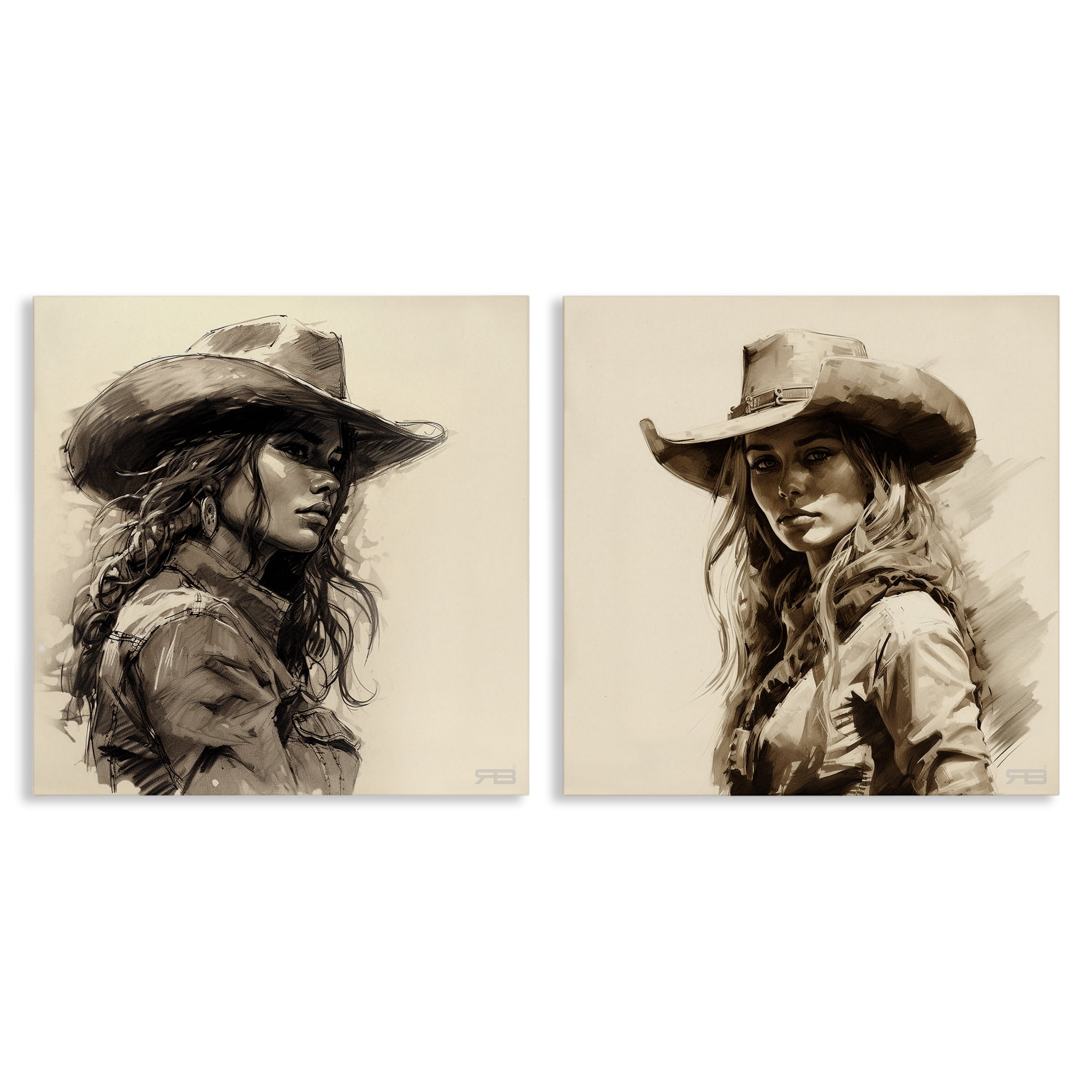 Stupell Industries Trendy Cowgirl Beauties People Painting Wrapped Canvas Art Print Wall Art, 17 x 17, Set of 2