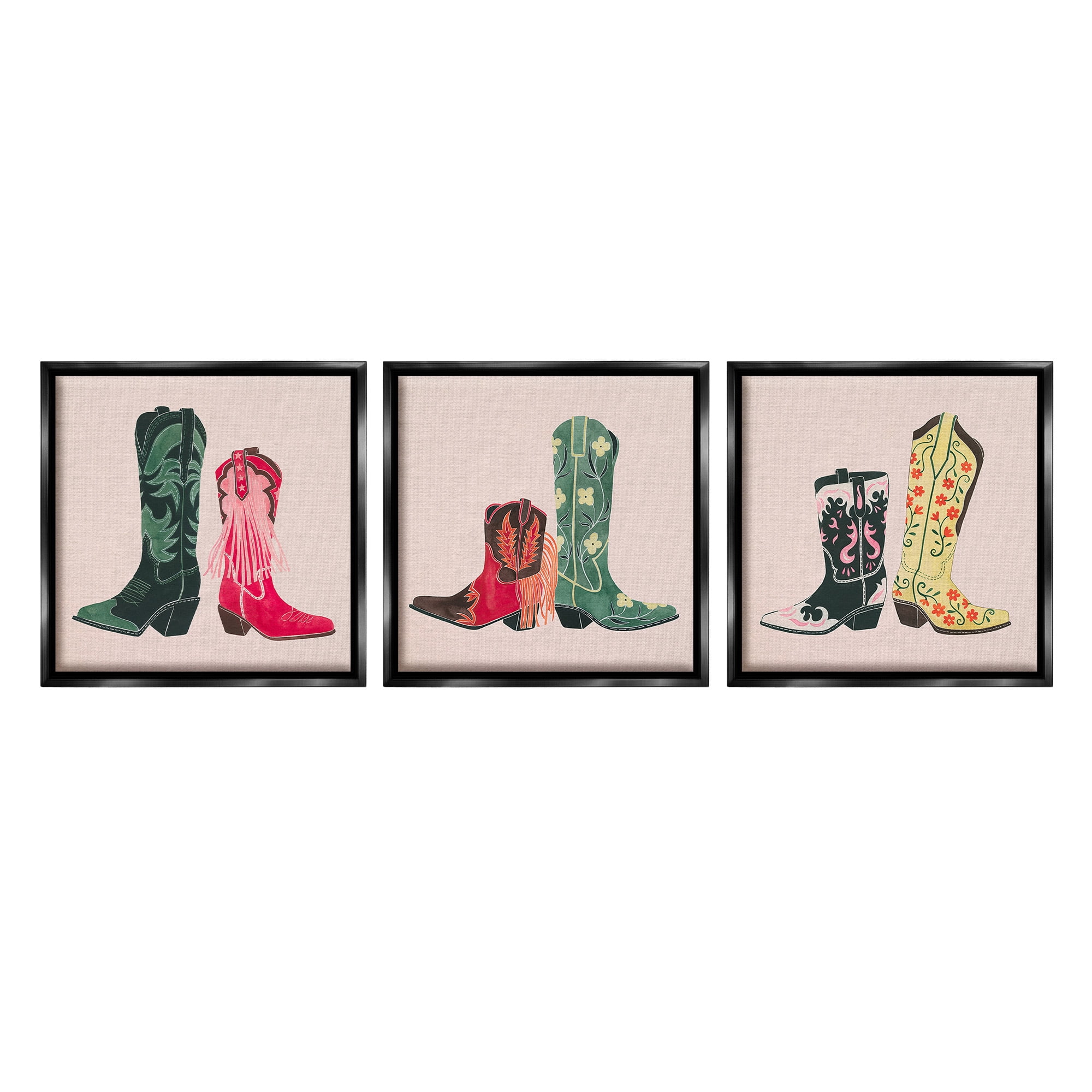 Stupell Industries Trendy Cowgirl Boots Beauty & Fashion Painting Black Floater Framed Canvas Art Print Wall Art, 25 x 25, Set of 3