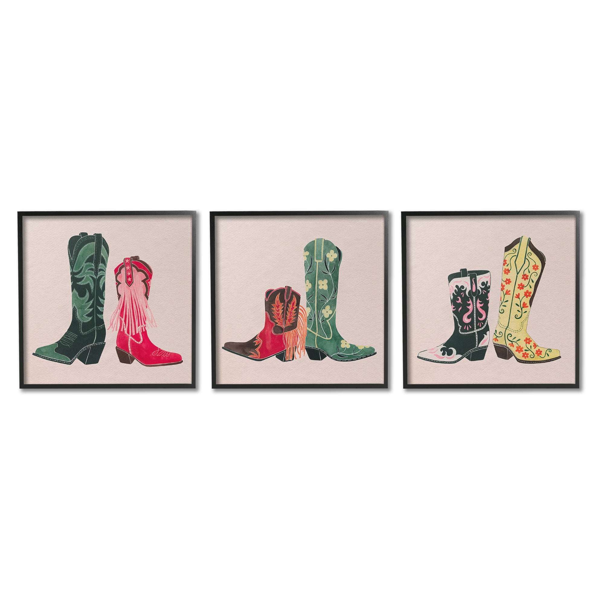 Stupell Industries Trendy Cowgirl Boots Beauty & Fashion Painting Black Framed Art Print Wall Art, 12 x 12, Set of 3
