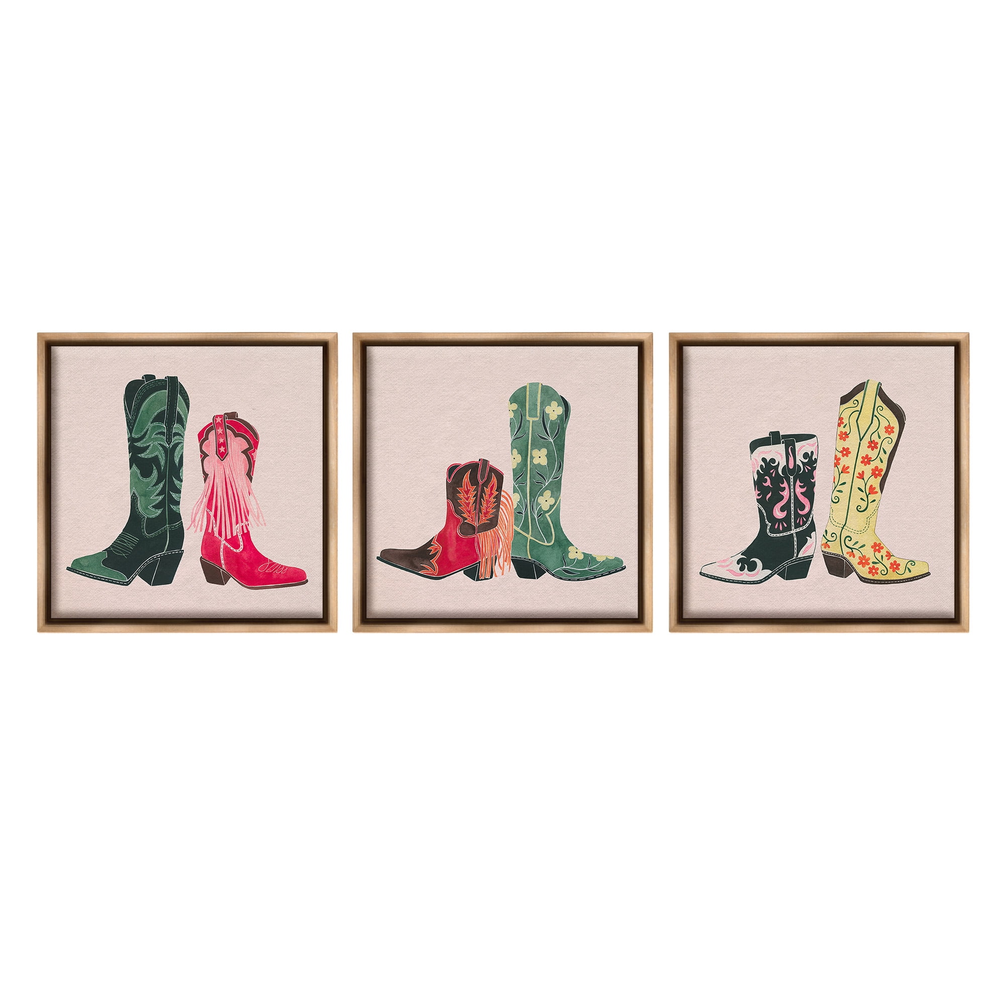 Stupell Industries Trendy Cowgirl Boots Beauty & Fashion Painting Brown Floater Framed Canvas Art Print Wall Art, 25 x 25, Set of 3