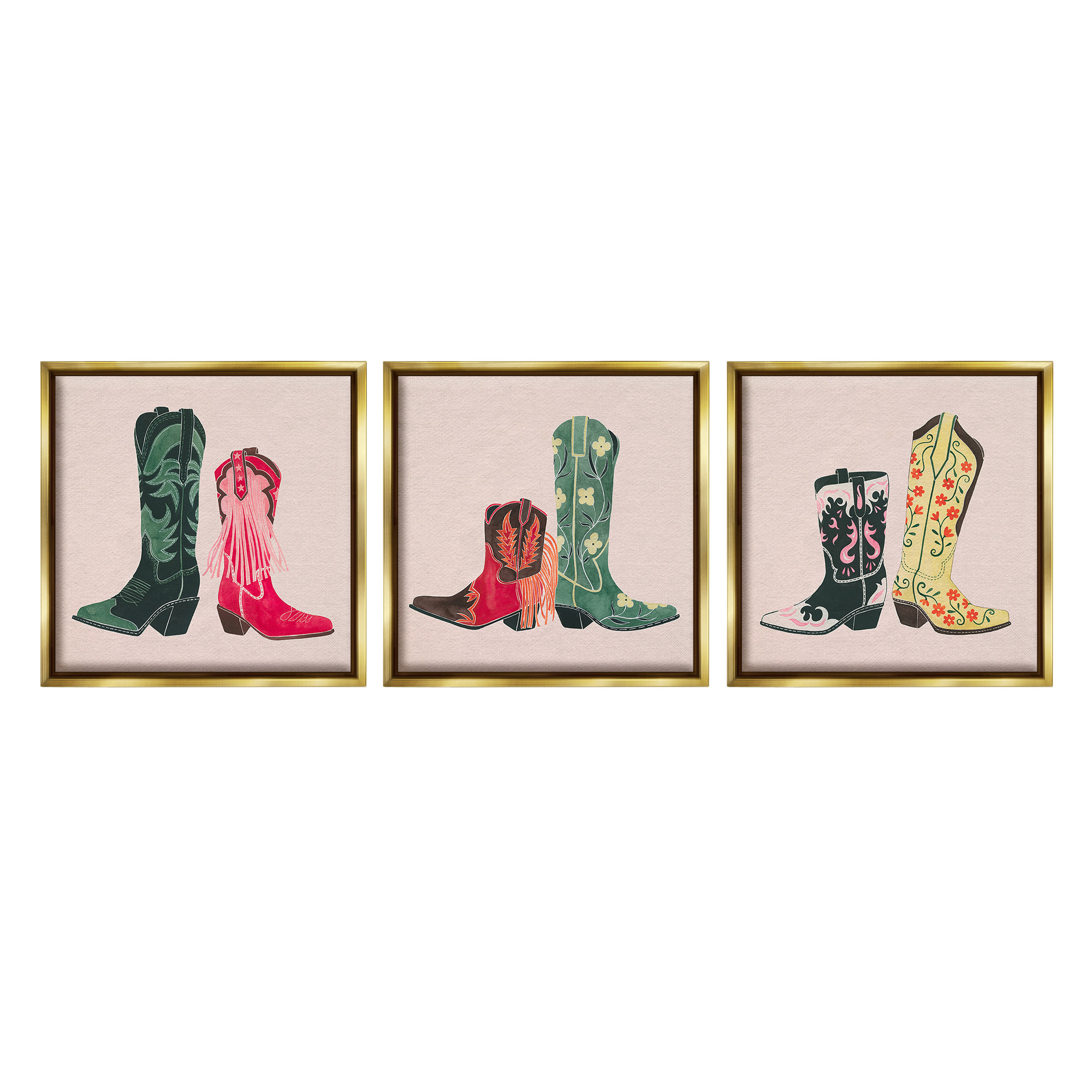 Stupell Industries Trendy Cowgirl Boots Beauty & Fashion Painting Gold Floater Framed Canvas Art Print Wall Art, 25 x 25, Set of 3