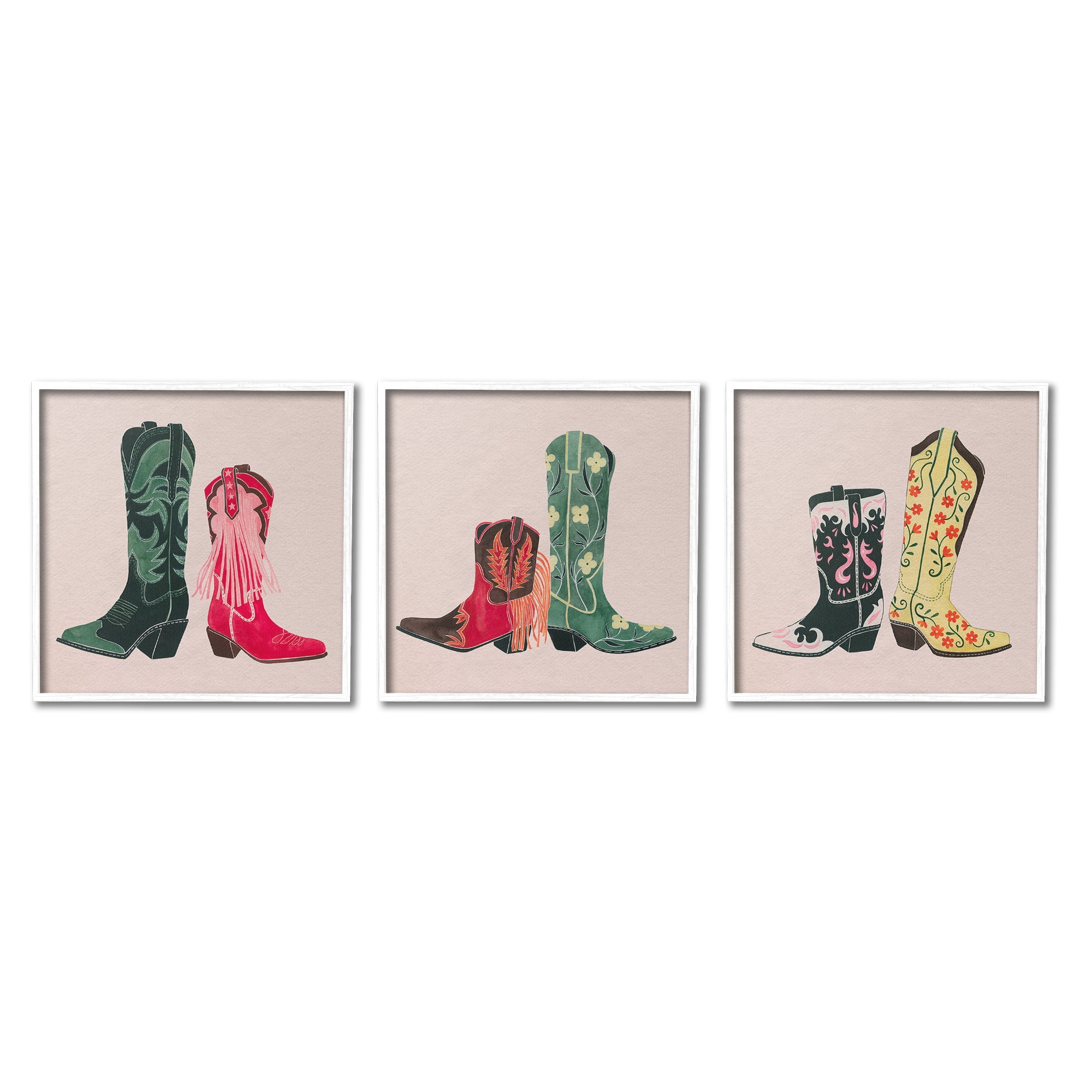 Stupell Industries Trendy Cowgirl Boots Beauty & Fashion Painting White Framed Art Print Wall Art, 12 x 12, Set of 3