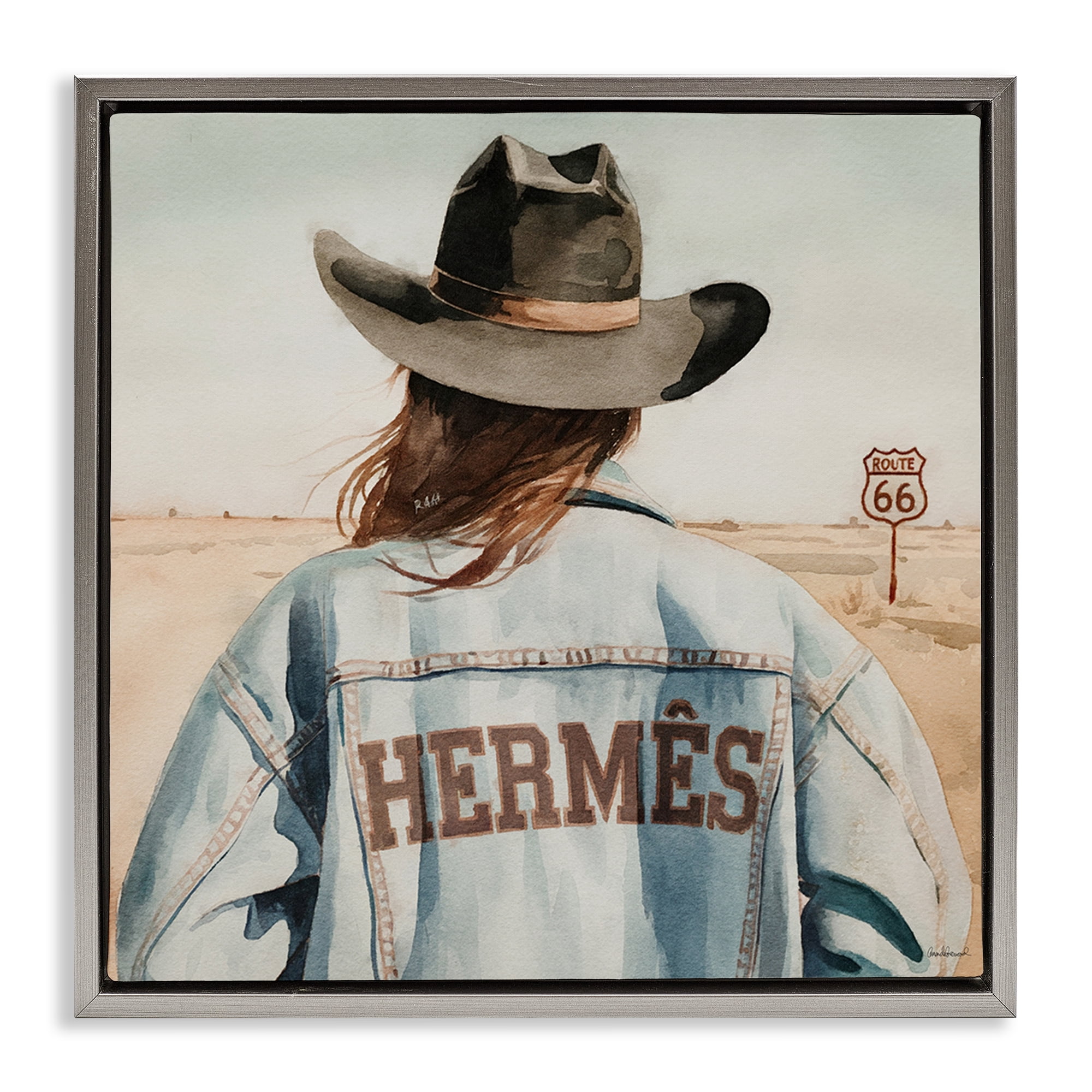Stupell Industries Trendy Cowgirl in Desert People Painting Gray Floater Framed Canvas Art Print Wall Art, 18 x 18