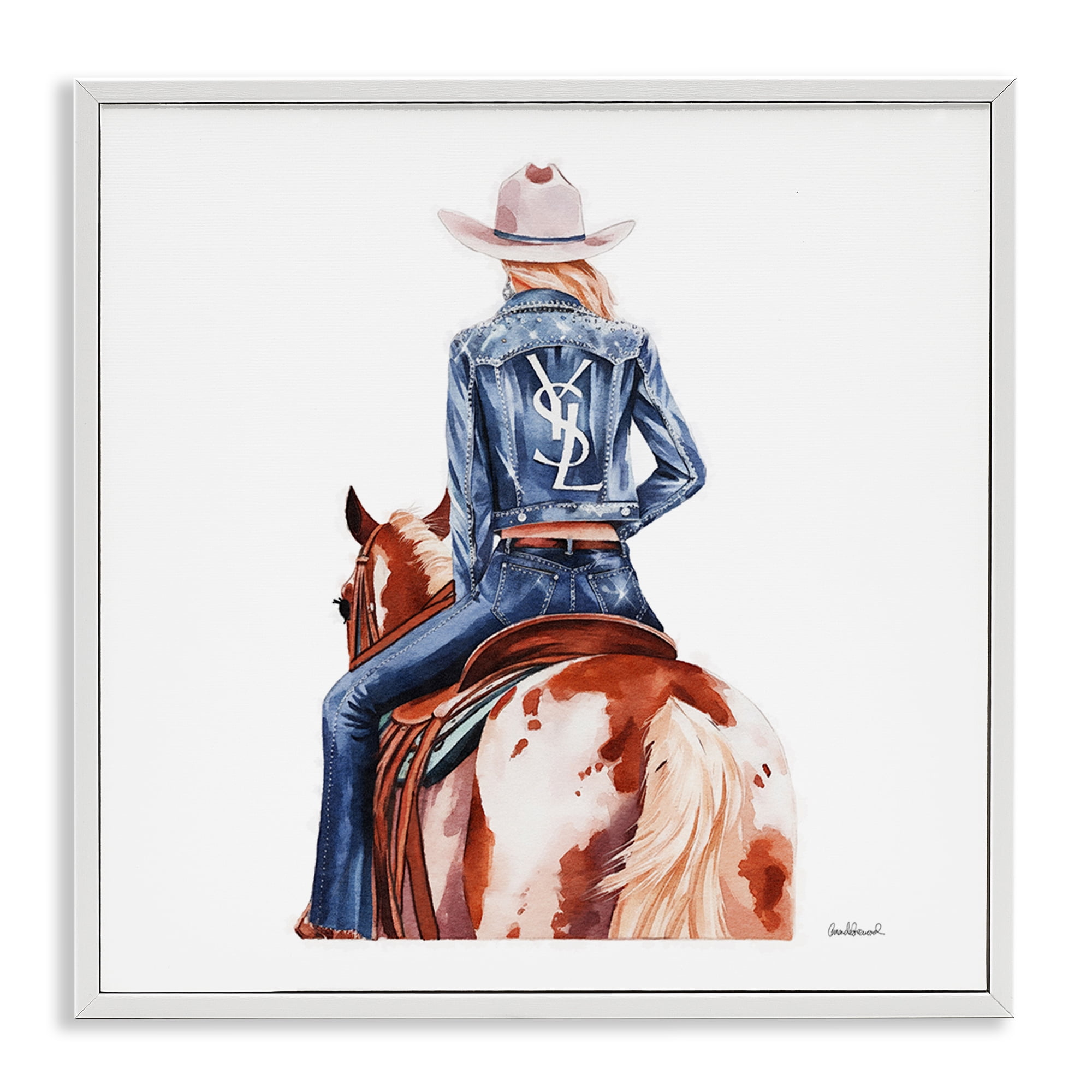 Stupell Industries Trendy Cowgirl on Horse People Painting White Framed Art Print Wall Art, 17 x 17