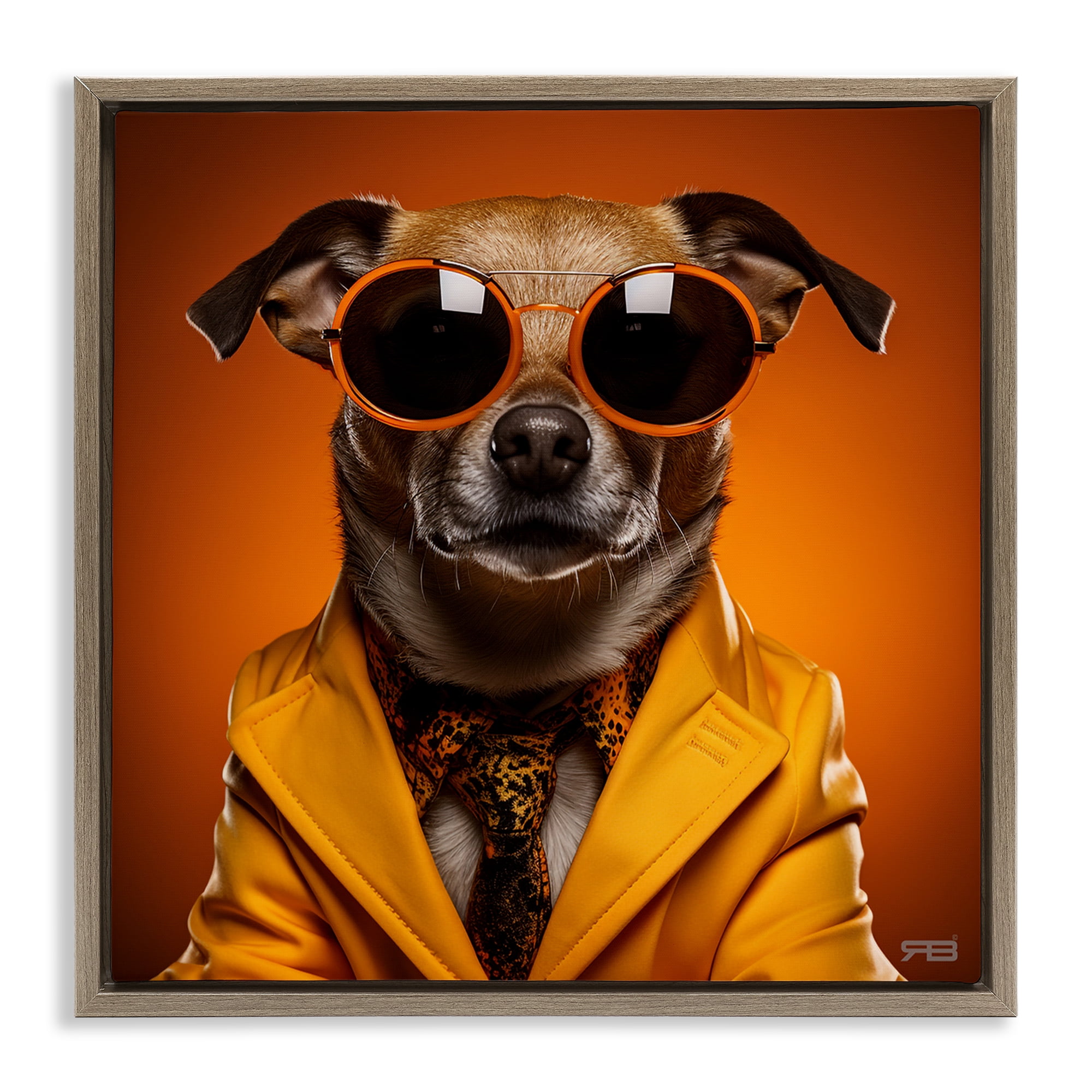 Stupell Industries Trendy Dog Yellow Suit Animals & Insects Painting Brown Floater Framed Canvas Art Print Wall Art, 18 x 18