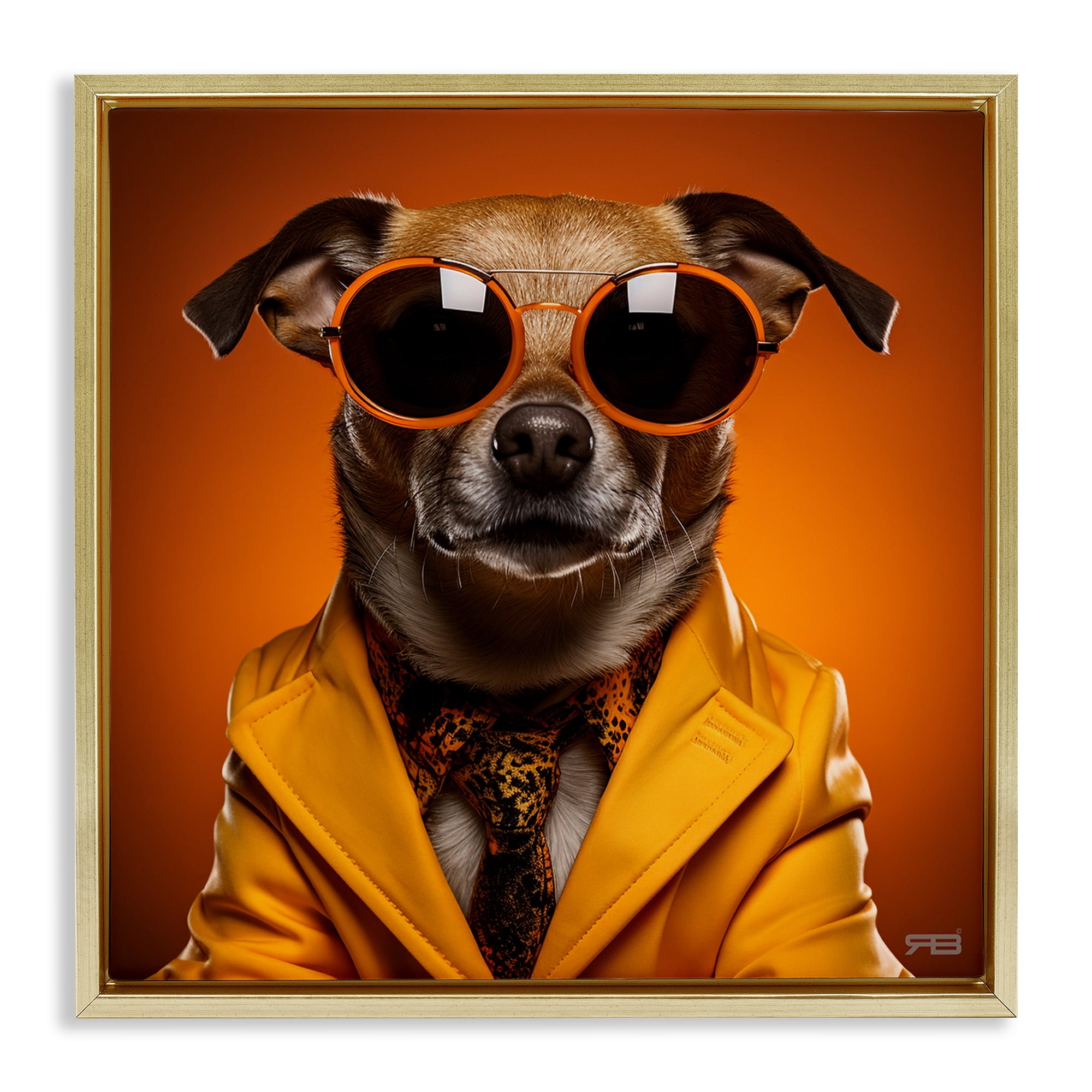 Stupell Industries Trendy Dog Yellow Suit Animals & Insects Painting Gold Floater Framed Canvas Art Print Wall Art, 18 x 18
